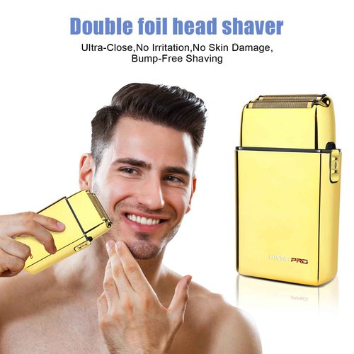 HIENA PRO Foil Shaver for Men Barber, Double Electric Foil Trimmer, Professional Electric Razor, Close Shaver, Cordless Rechargeable with USB, Gold