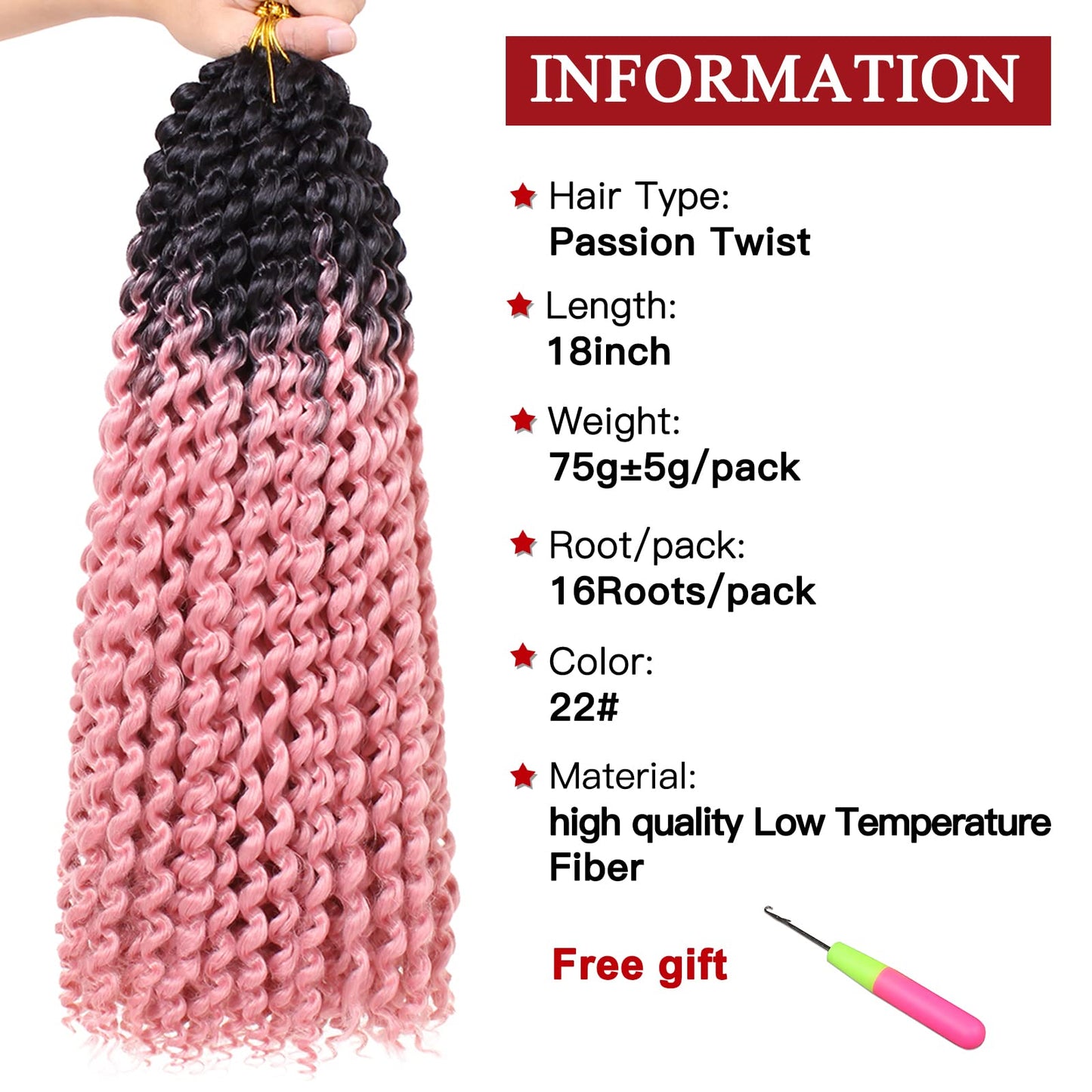 Xtrend 18 Inch Ombre Pink Passion Twist Hair Water Wave Crochet Braiding Hair 7 Packs Synthetic Hair Extensions Crochet Braids Hair(16Strands/Pack, Black/Pink#)