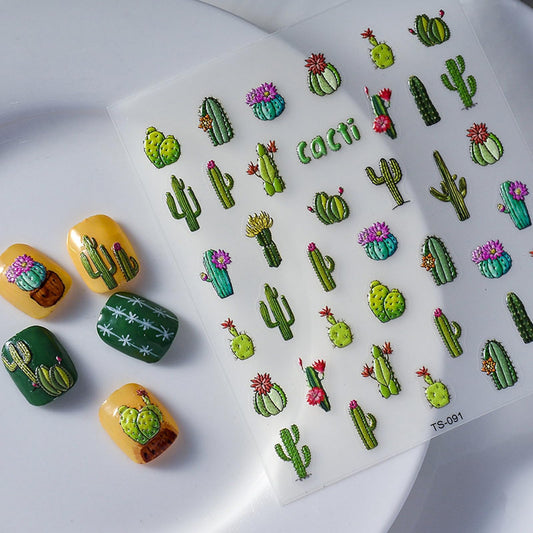 Summer Cactus Nail Art Stickers 5D Embossed Tropical Cactus Nail Decals Cute Cactus Nails Adhesive Stickers Nail Art Supplies Cactus Stickers for Nails Women DIY Manicure Decorations