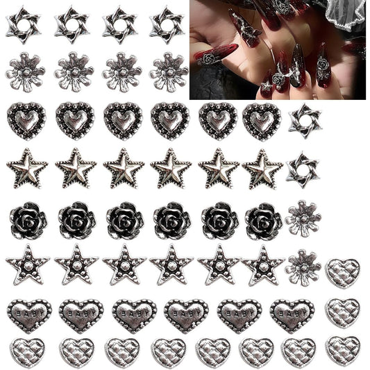 48Pcs Halloween Nail Charms, 3D Gothic Retro Punk Nail Art Charm with Metal Silver Black Dark Rock Punk Hearts/Flower/Pentagram/Vortex for DIY Crafts Manicure Nail Art Decorations Accessories