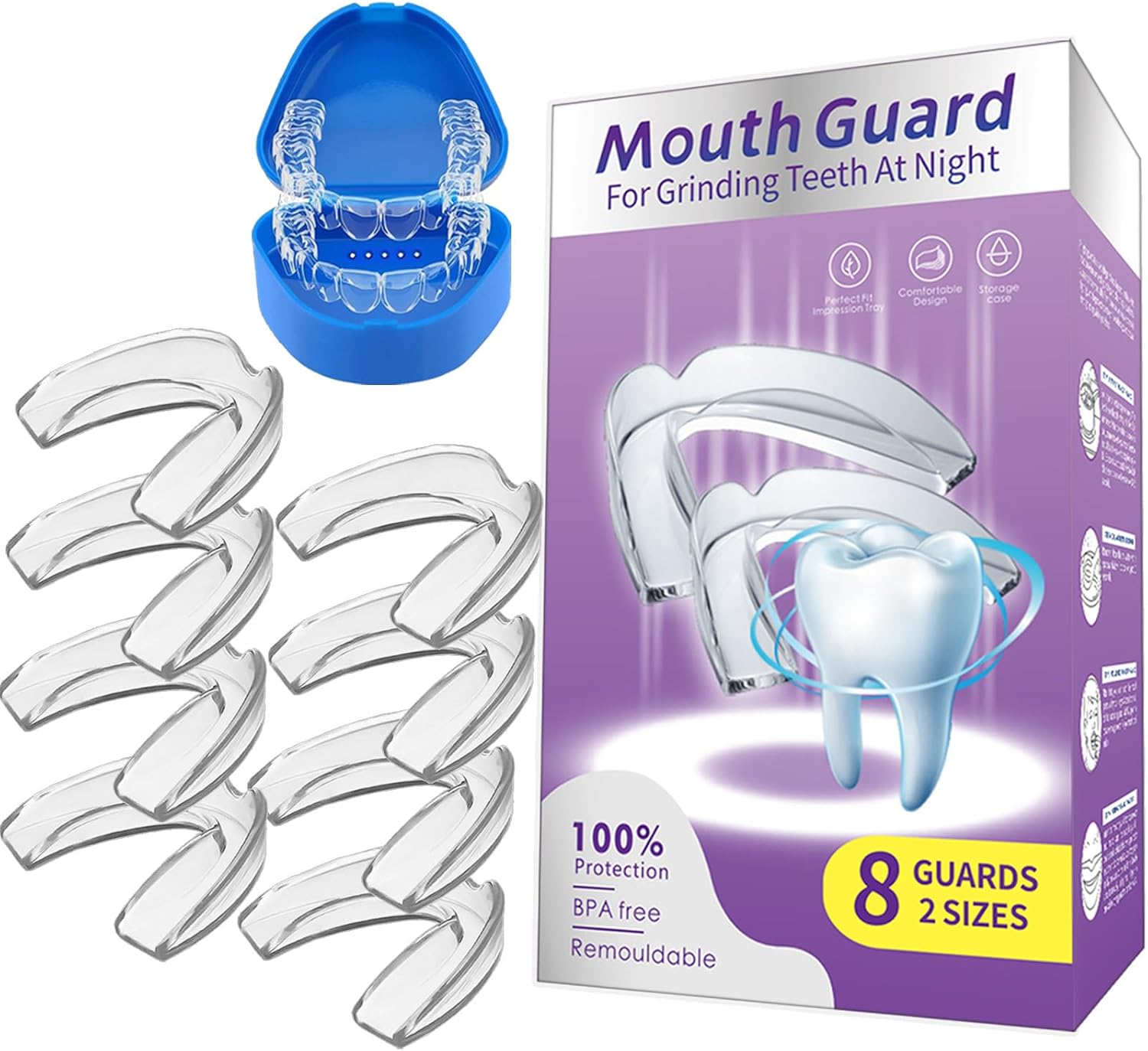 Mouth Guard for Grinding Teeth at Night,8 Pack Night Guards for Teeth Grinding,2 Size Mouth Guard for Sleeping,Reusable Mouth Guards for Clenching Teeth at Night