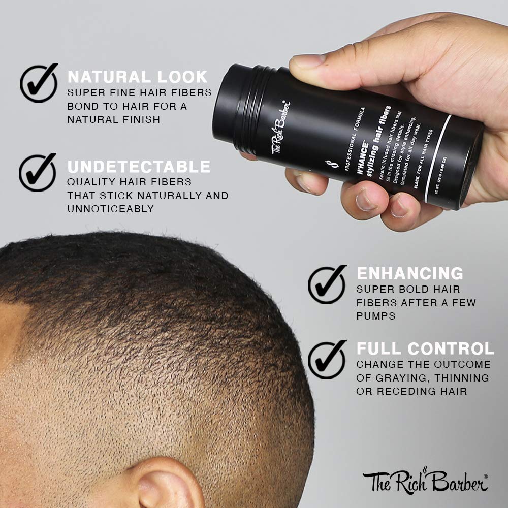 The Rich Barber N’Hance Hair Building Fibers, 3 Month Supply - Barber Hair Thickening Fibers, 25 grams - Grey Hair Concealer Spray - Sharper Hairlines, Thicker Beard & Fuller Hairstyling (Black)