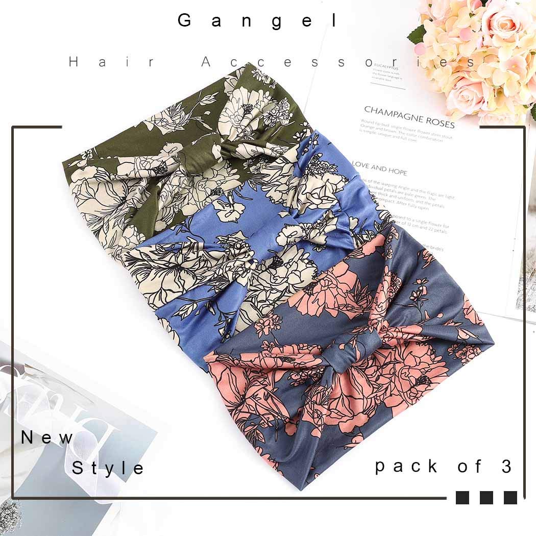 Gangel Boho Criss Cross Headbands Twisted Floral Printed Hairbands Elastic Cotton Stretch Wide Head Wrap Knotted Hair Scarfs Fashion Hair Accessories for Women (Pack of 3) (leaf)