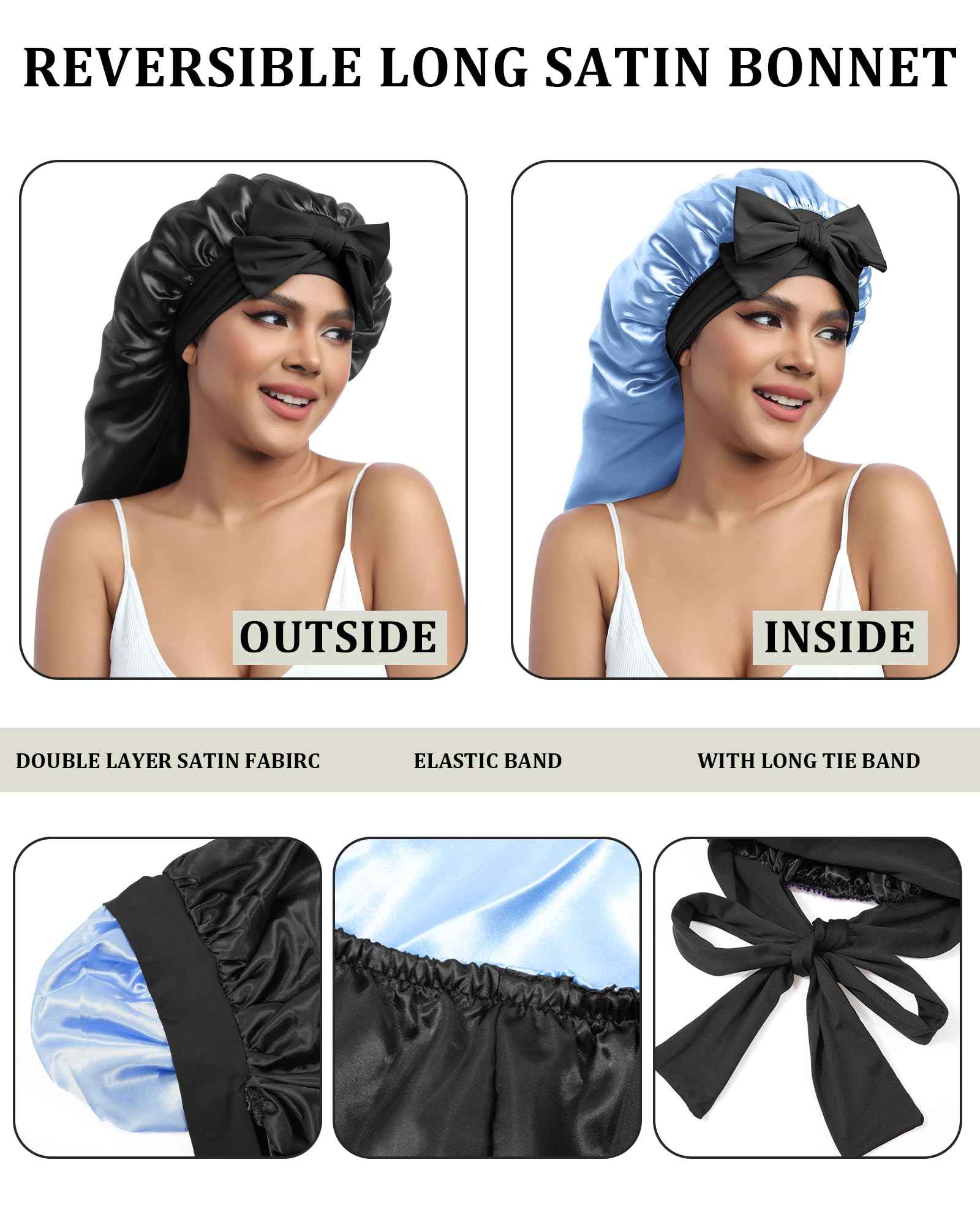 AWAYTR Long Satin Bonnet for Sleeping - Double Layer Reversible Silk Bonnet for Long Hair Women Sleeping Cap with Tie Band (Black+Light Blue)