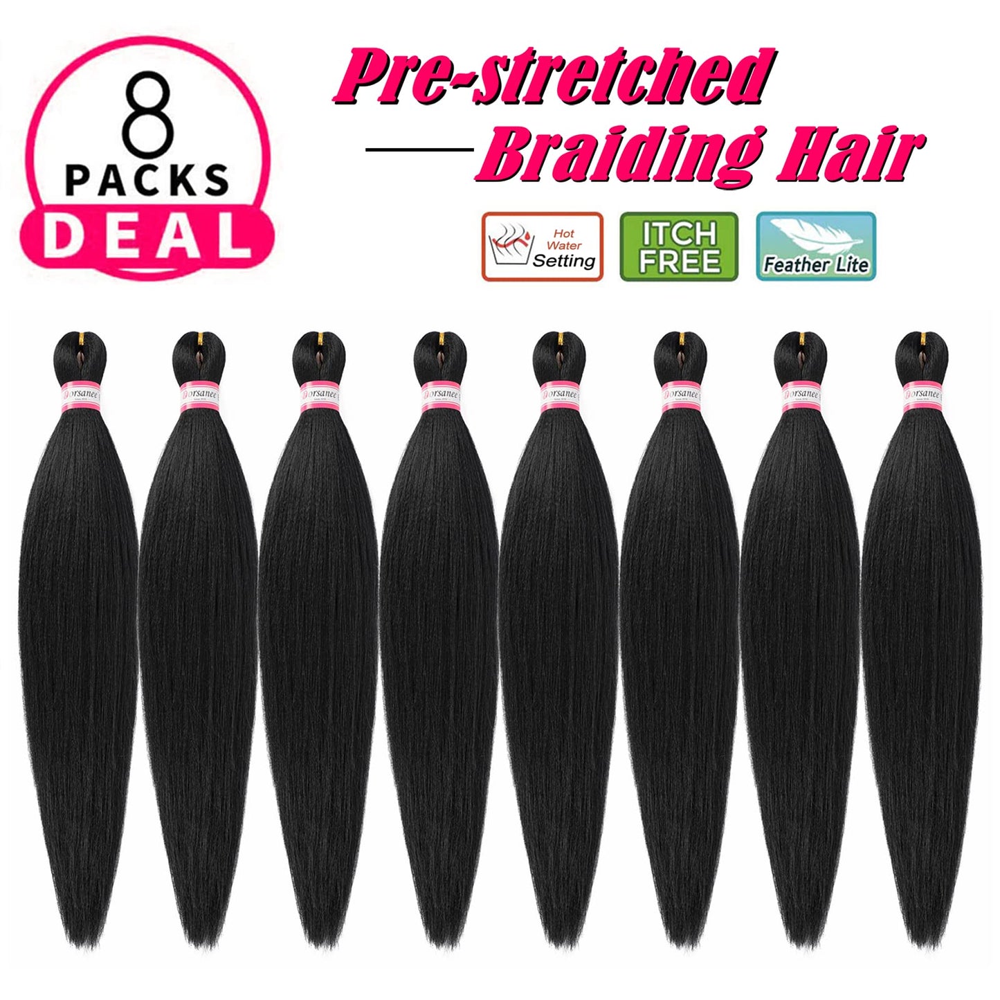 Pre-stretched Braiding Hair Professional Easy Crochet Braid Hair 20 Inch 8 Packs Hot Water Setting Soft Synthetic Braiding Hair Extension for Twist Senegalese Crochet Hair (#1B)