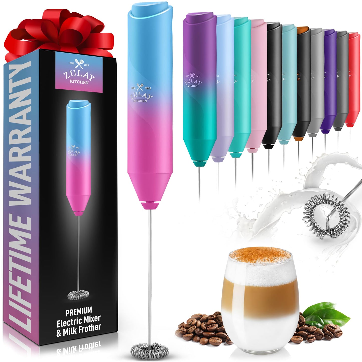 Zulay Kitchen Powerful Milk Frother Wand - Mini Milk Frother Handheld Stainless Steel - Battery Operated Drink Mixer for Coffee, Lattes, Cappuccino, Matcha - Froth Mate Milk Frother Gift - Bubblegum