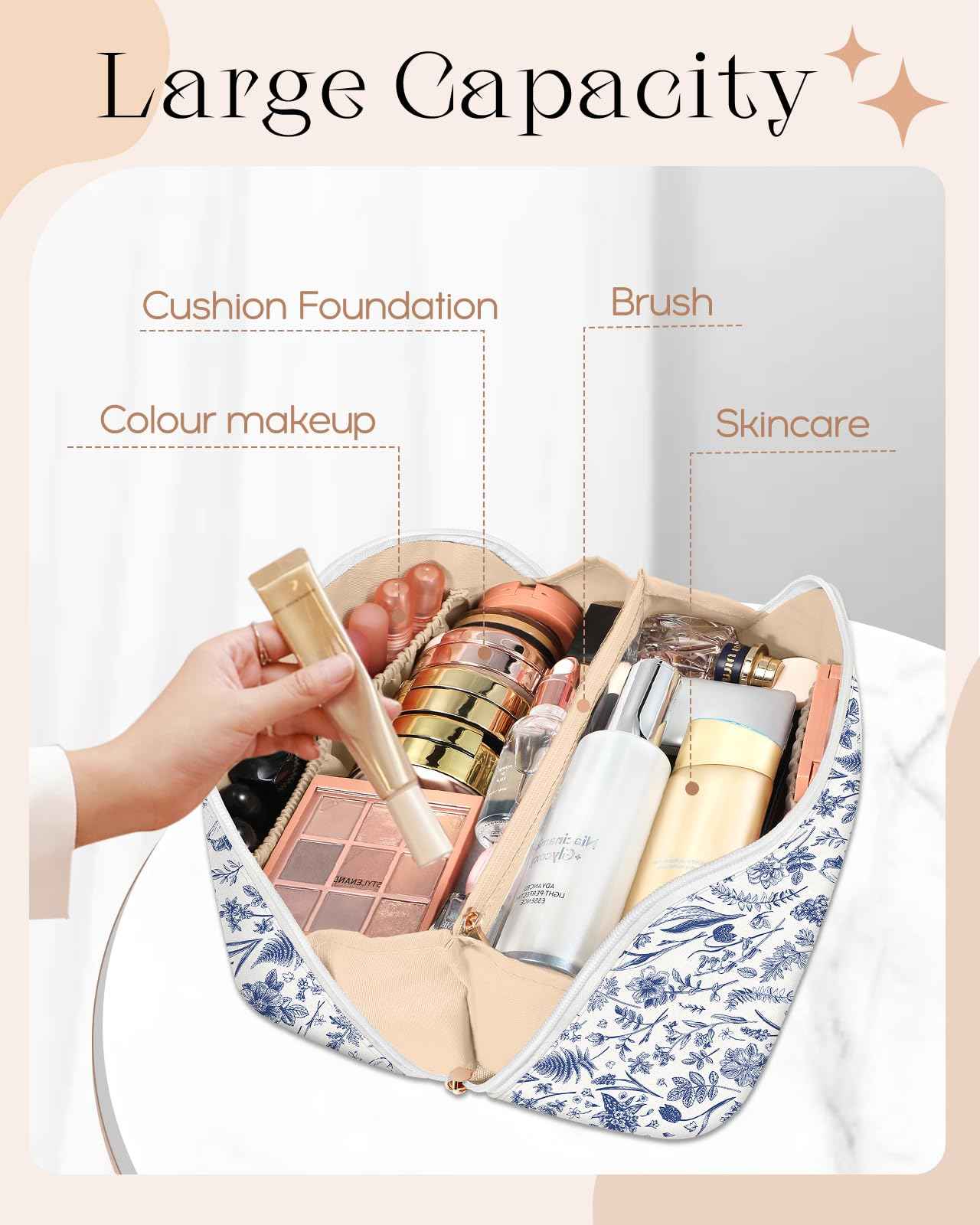 Bistup Makeup Bag Travel Cosmetic Bag Toiletry Make Up Bags Cute Women Large Capacity Big Medium Leather Blue Floral Aesthetic Girl Teen Teenage Foldable Expandable Open Flat Zip