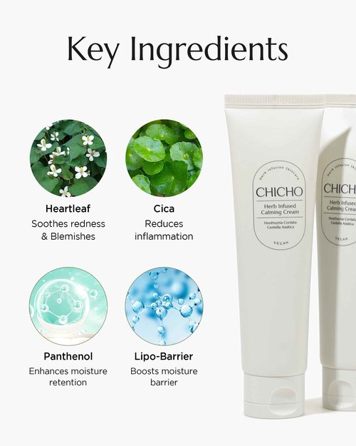 CHICHO Herb Infused Calming Cream - Korean Face Moisturizer with 68.8% Heartleaf & 6-Cica Complex - For Sensitive Acne Prone Skin, Vegan Clean Formula, 2.37 fl.oz.