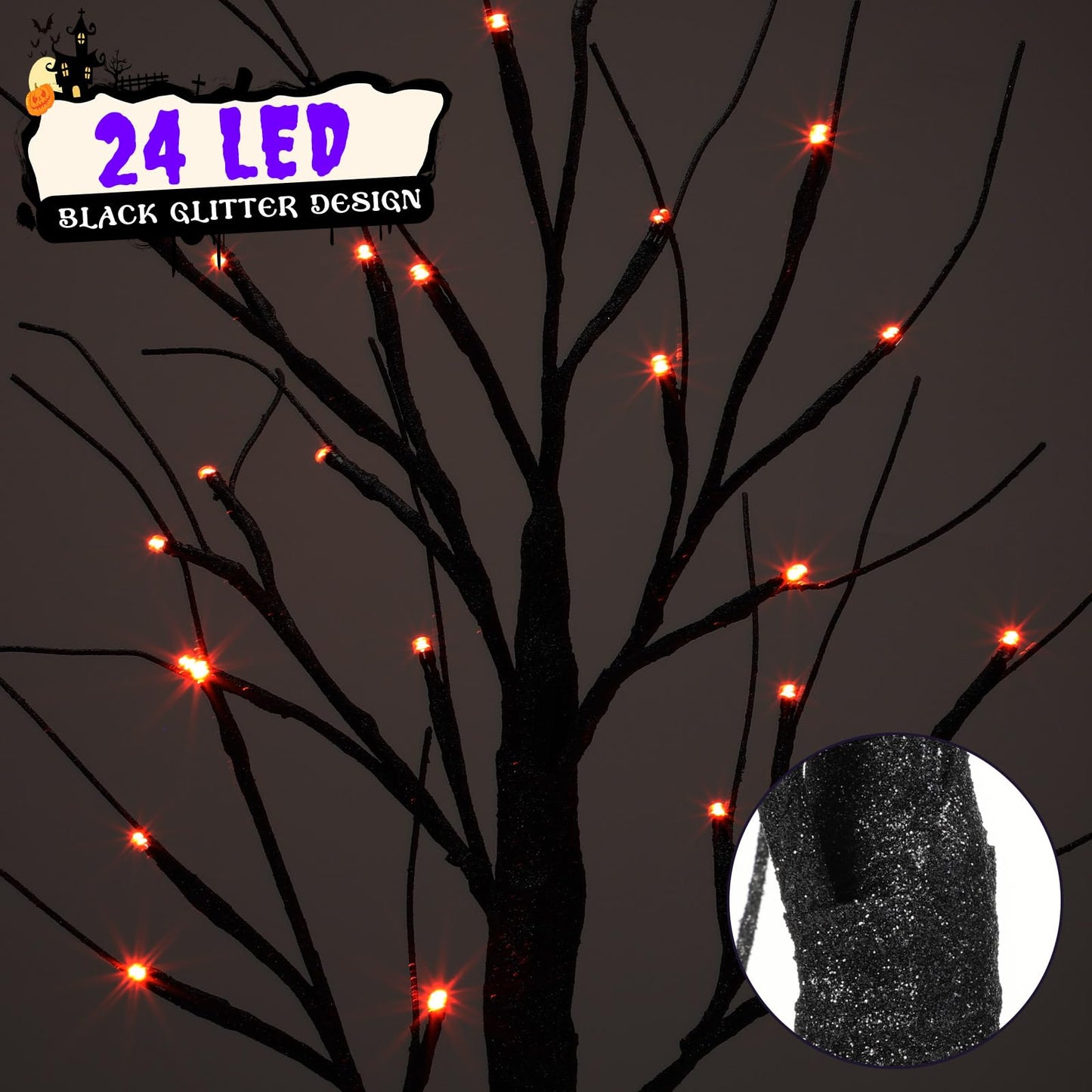 Retisee 2 Set Halloween Tree Decoration with 24 Purple Orange LED Light 16 Bats 2 ft Light up Halloween Table Centerpiece Black Glitter Spooky Battery Powered Timing Tree for Halloween Tabletop Indoor