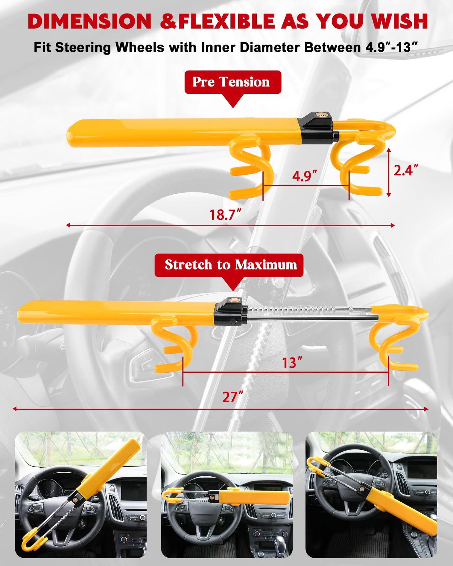 Tevlaphee Steering Wheel Lock - Heavy Duty Antitheft Device and Car Security Lock with Adjustable Locking and 3 Keys - Great Vehicle and Truck Deterrent (Yellow)