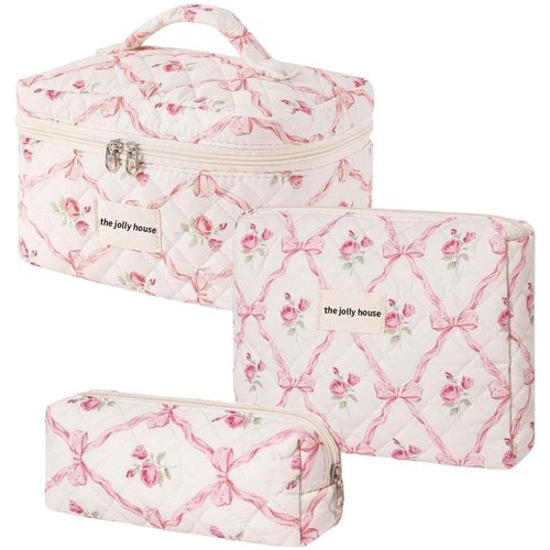 3PCS Cotton Quilted Floral Makeup Bag Set for Women Girls, Cute Make Up Bags with Brush Pockets, Large Wide-Open Toiletry Pouch Gifts for Toiletries Accessories Travelling Essentials