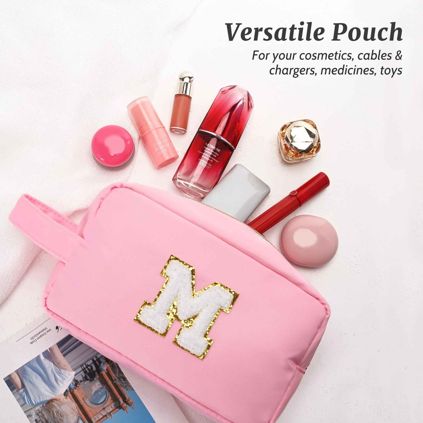 Aveniee Initial Makeup Bag for Women,Monogram Travel Make Up Bag Organizer With Handle,Personalized Cosmetic Toiletry Bag,Christmas Birthday Gifts for Women Teen Girls Daughter Teacher-Pink A