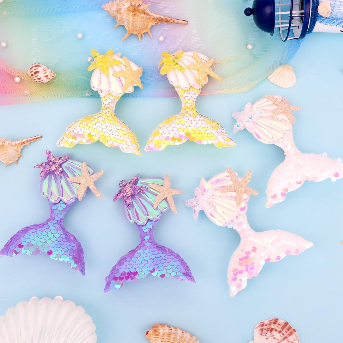 YARIEW Sparkly Sequin Mermaid-Inspired Hair Clips Set - Seashell, Fish Tail, Starfish Clips and Barrettes for Little Girls' Mermaid Birthday Party Decorations (Set 4)