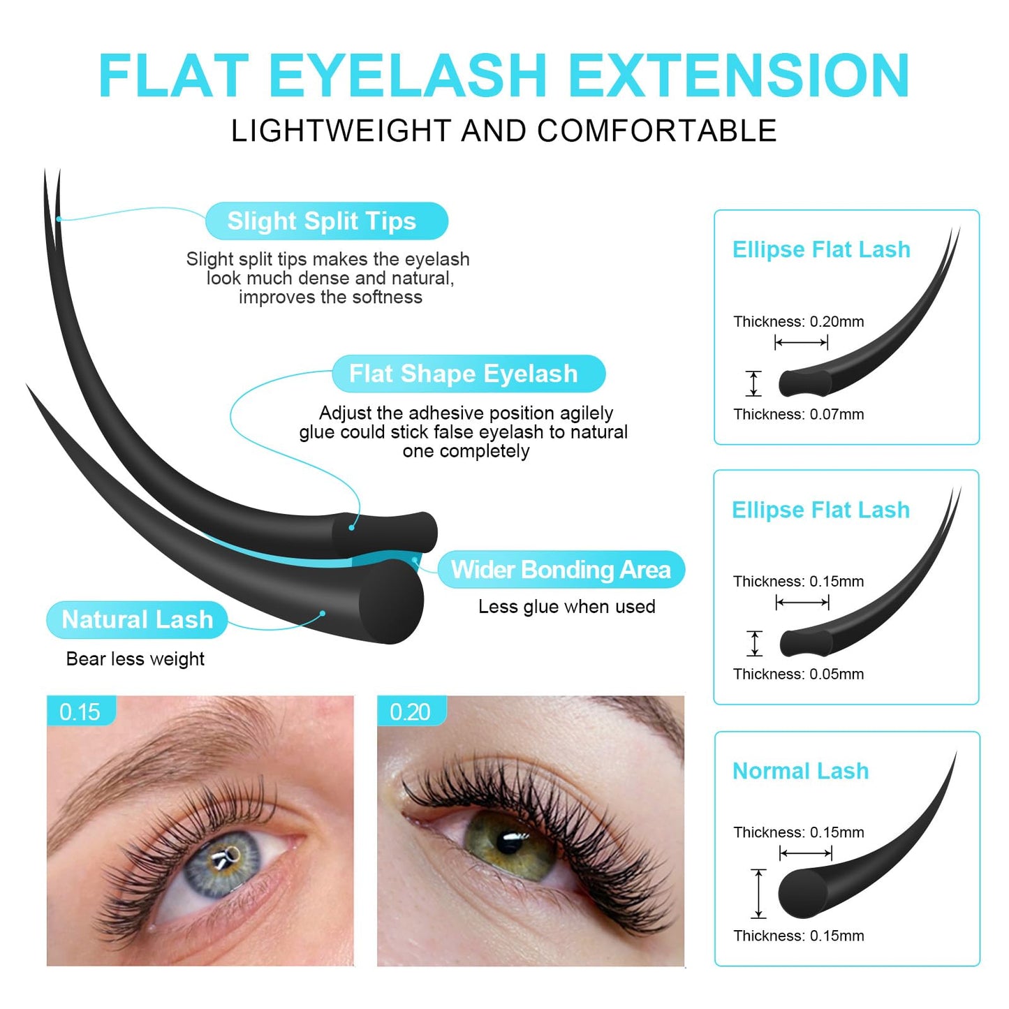 NAGARAKU Double Tips Ellipse Eyelash Extensions Lighter Thinner Split Tips Flat False Lashes 5 Trays in 1 Pack 0.20 C curl 11/12/13/14/15mm Soft Faux Mink Individual False Lash 16 Rows