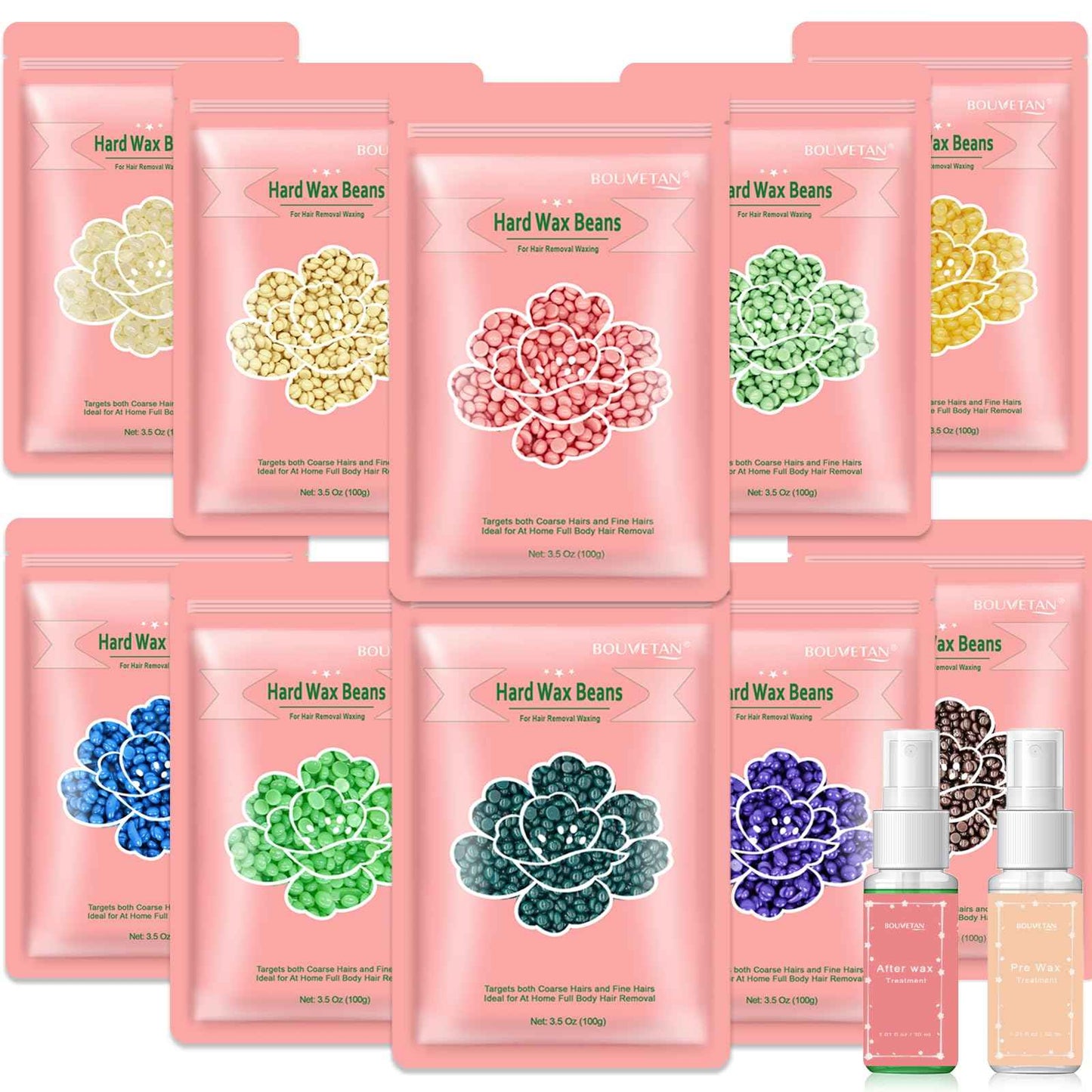 Bouvetan Wax Beads for Hair Removal, 2.2lb/1000g Hard Waxing Beans for Full Body, Brazilian, Bikini, Face, Eyebrows, Home Wax Refill for Women & Men, Pack of 10 with Pre & Post Oil