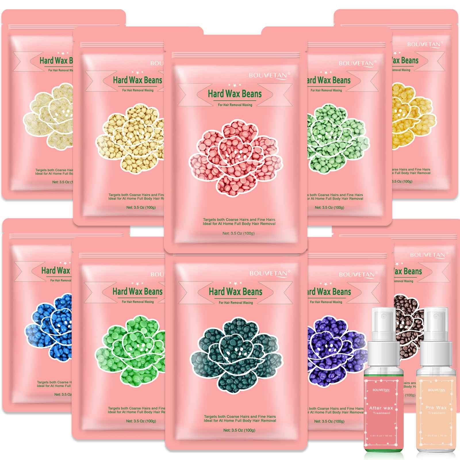 Bouvetan Wax Beads for Hair Removal, 2.2lb/1000g Hard Waxing Beans for Full Body, Brazilian, Bikini, Face, Eyebrows, Home Wax Refill for Women & Men, Pack of 10 with Pre & Post Oil