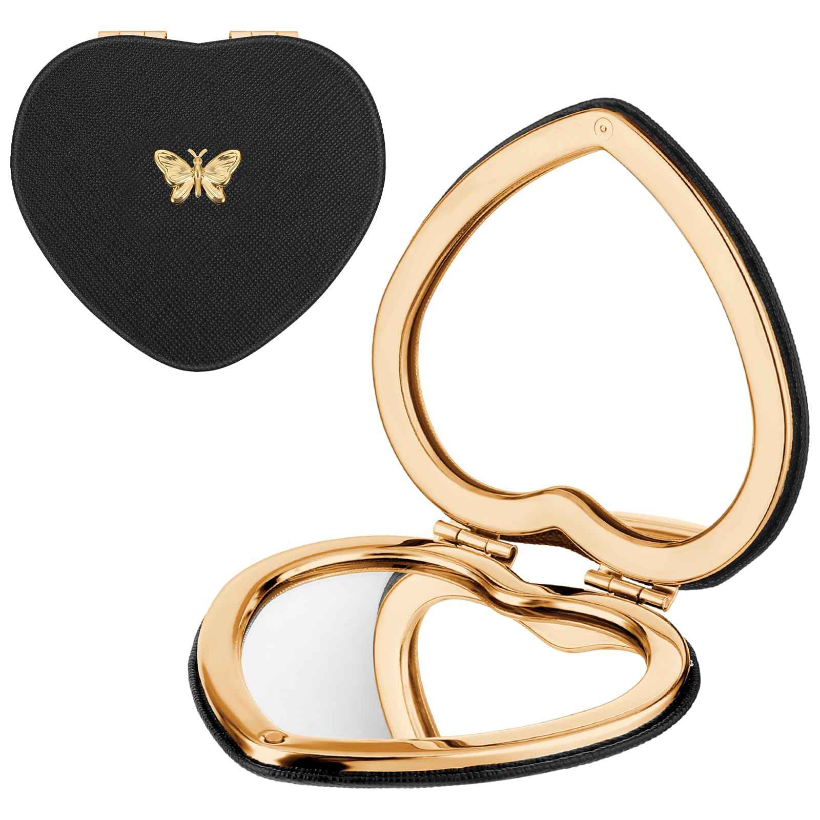 Qianyu Heart Shaped Double-Sided 1X/2X Magnifying Mirror, Compact Folding PU Leather Makeup Mirror, Ultra-Portable for Women Home Office Travel