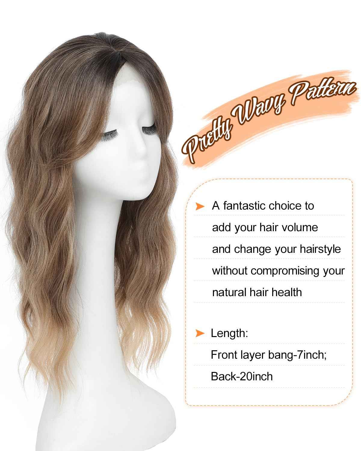 UDU 20Inch Ombre Brown Wavy Hair Topper for Women, Long Hair Topper with Natural Coverage, Clip in Hairpiece for Thinning Hair, Invisible Natural Coverage Top Piece