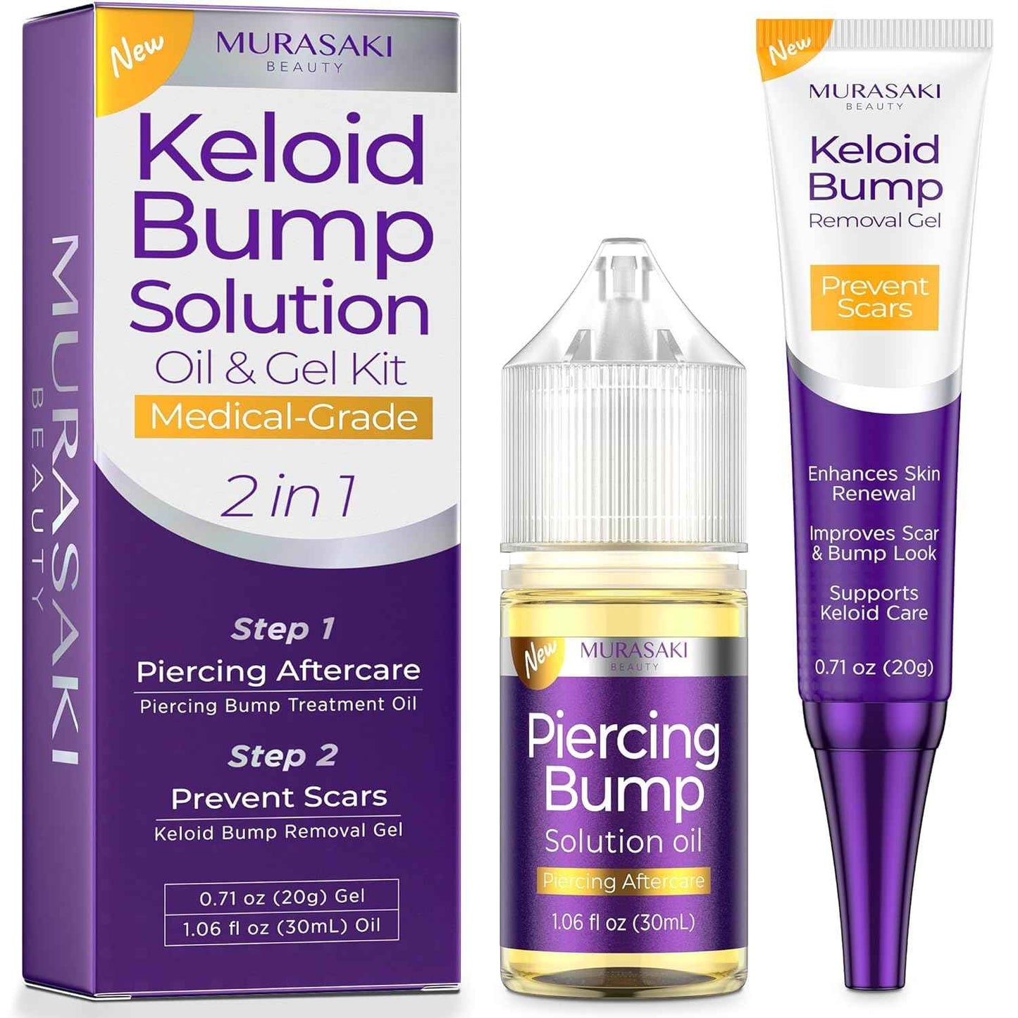 Piercing & Keloid Bump Solution Oil & Gel Kit, Piercing Aftercare Treatment Piercing Bump Solution Aftercare Oil (30 mL) + Keloid Bump Removal Gel (20 g) (0.71 oz (20g))