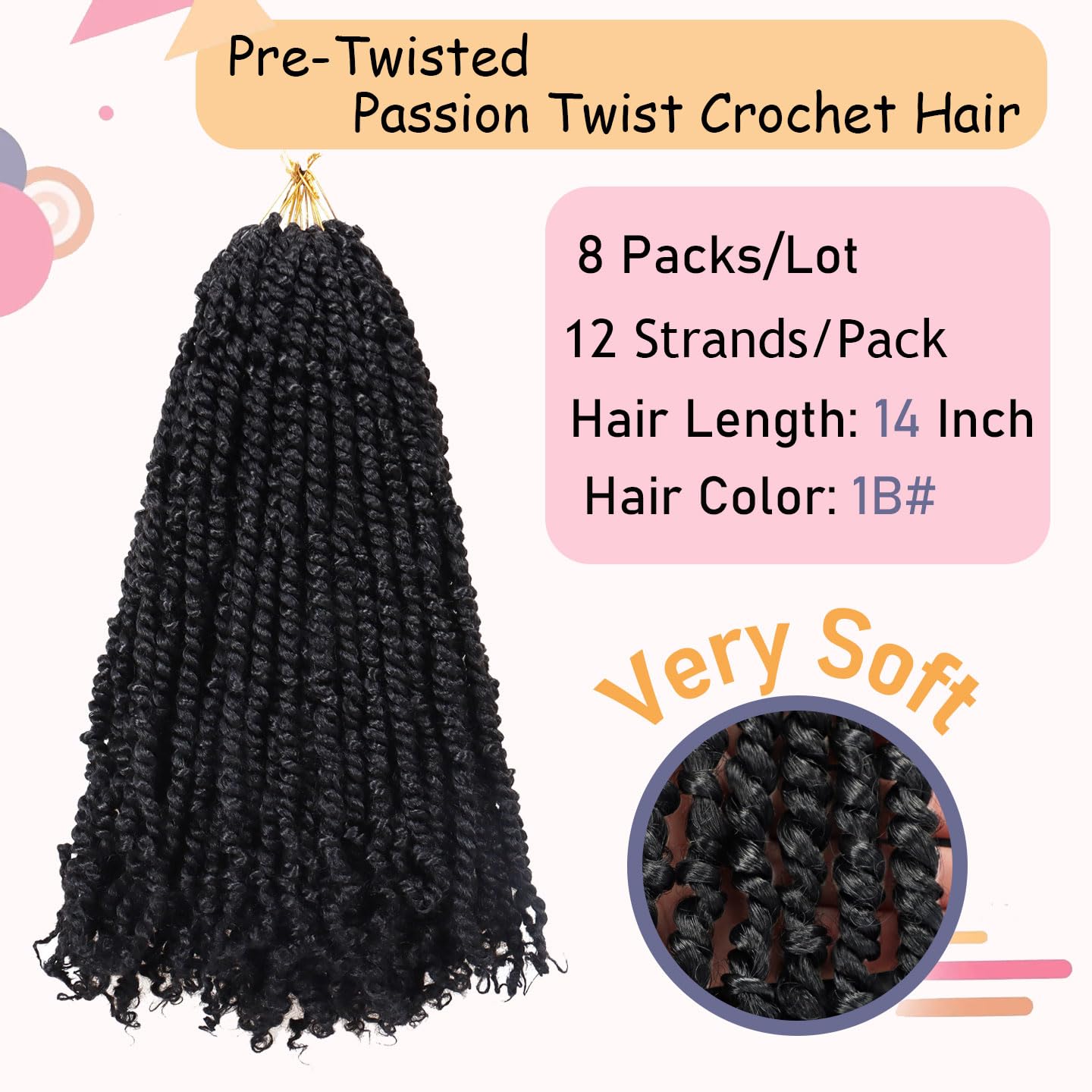 8 Packs Passion Twist Hair 14 Inch Pre-twisted Passion Twist Crochet Hair Pre-looped Crochet Braids for Women Passion Twists Braiding Hair Synthetic Hair Extensions (12Strands/Pack; 1B#)