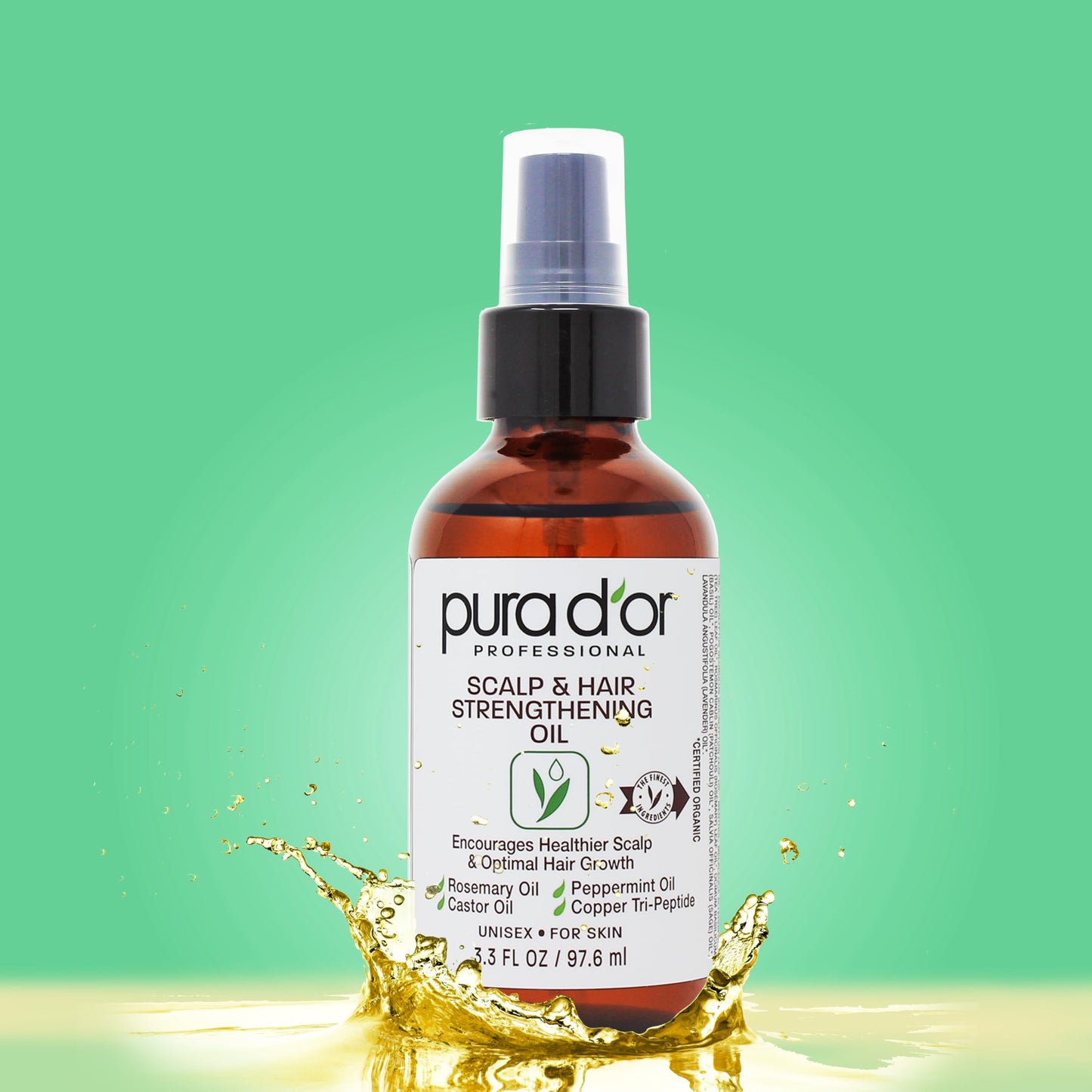 PURA D'OR Scalp & Hair Strengthening Oil (3.3oz x2 = 6.6oz) Supports Optimal Growth, Reduce Breakage, Nourish Roots for Healthier, Fuller, Thicker Hair - Rosemary, Castor & Peppermint Oil