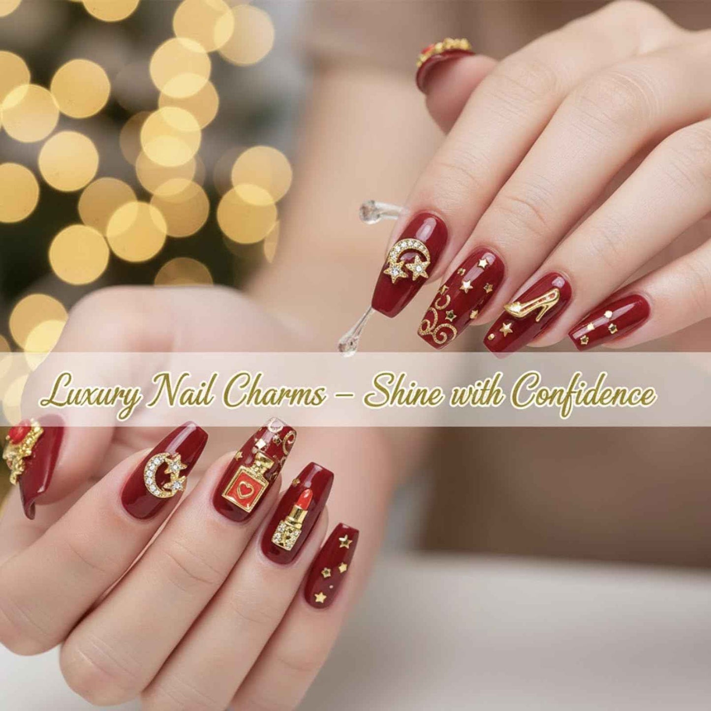 Pizadix 100 Pcs Gold Red Nail Charms Y2K with Lipsticks, Wine Bottles, Wine Cups, Lips, Tulips, Stars, High Heels, Perfume Bottle