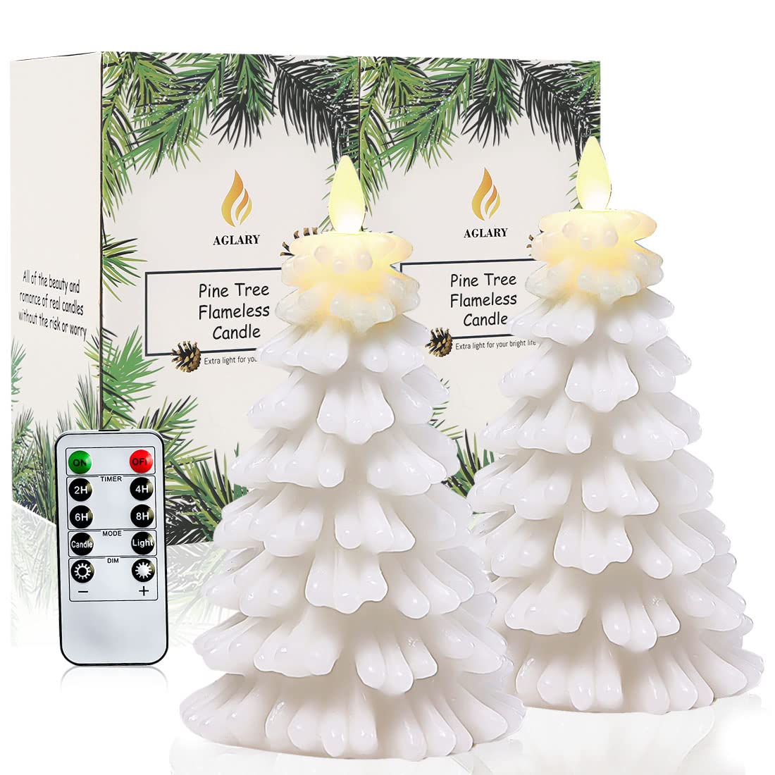 AGLARY White Christmas Tree Flameless Candles, Battery Operated LED Candles, Moving Wick, Tming Function, Set of 2