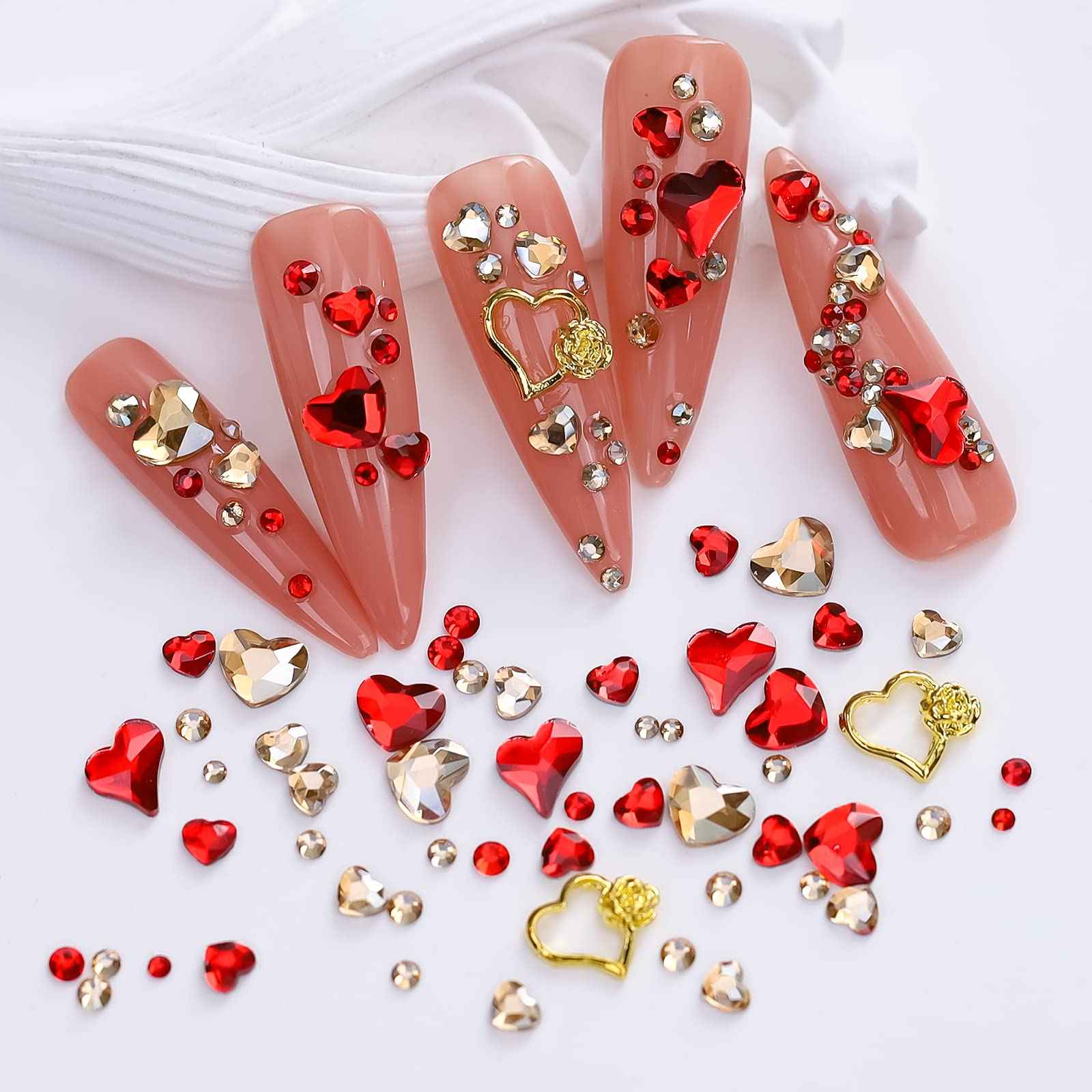 767pcs Red Heart Nail Art Charms Love Gems Glitter Valentines Decoration 3D Red Gold Round Beads Flatback Diamonds Design Rose Nail Studs Jewel Craft Clothes Shoes Supplies for Women