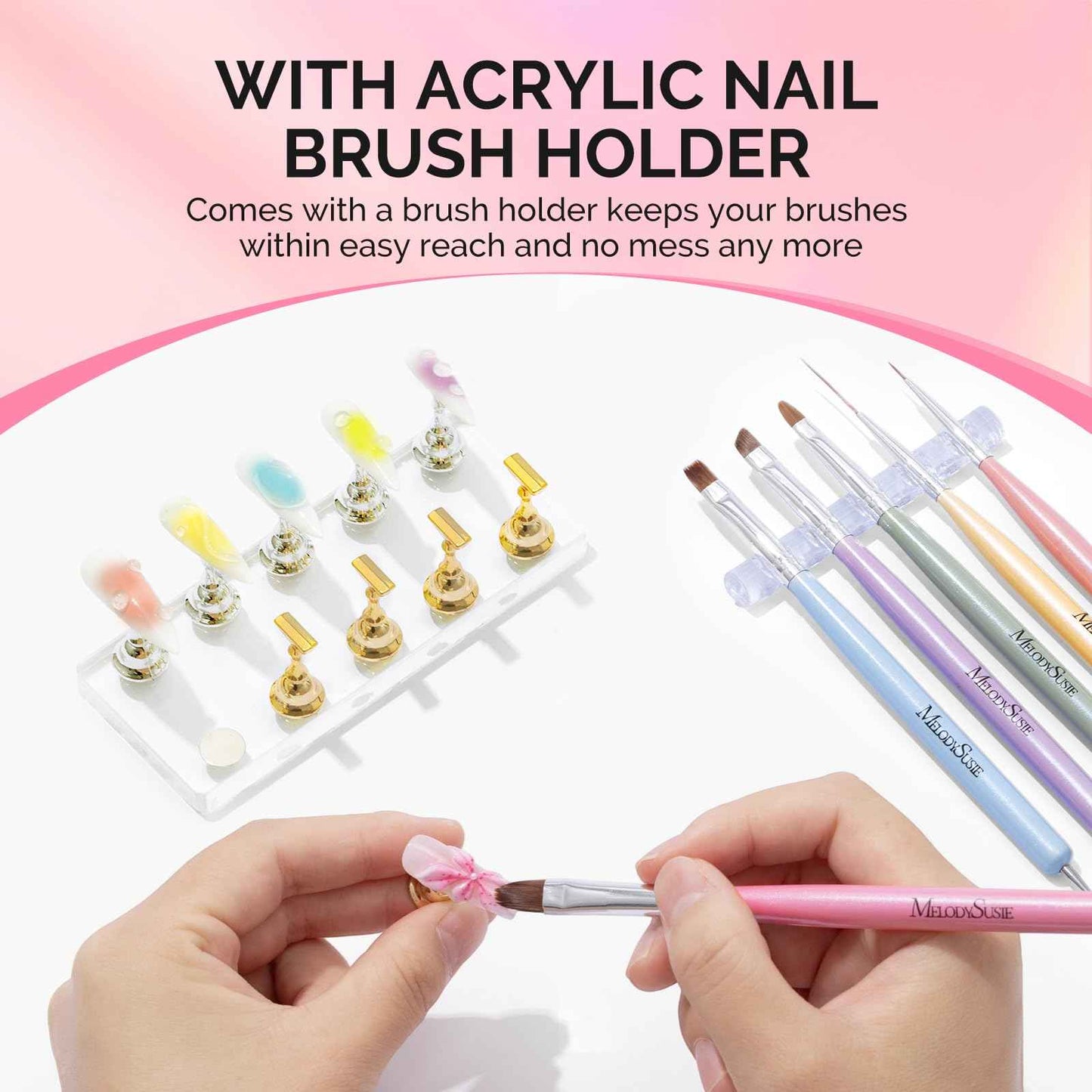 MelodySusie Nail Stand for Press Ons, Big Transparent Acrylic Magnetic Base for Painting Display with Brush Holder and 100 Pcs Reusable Double-Sided Tape for Home DIY Salon Supplies