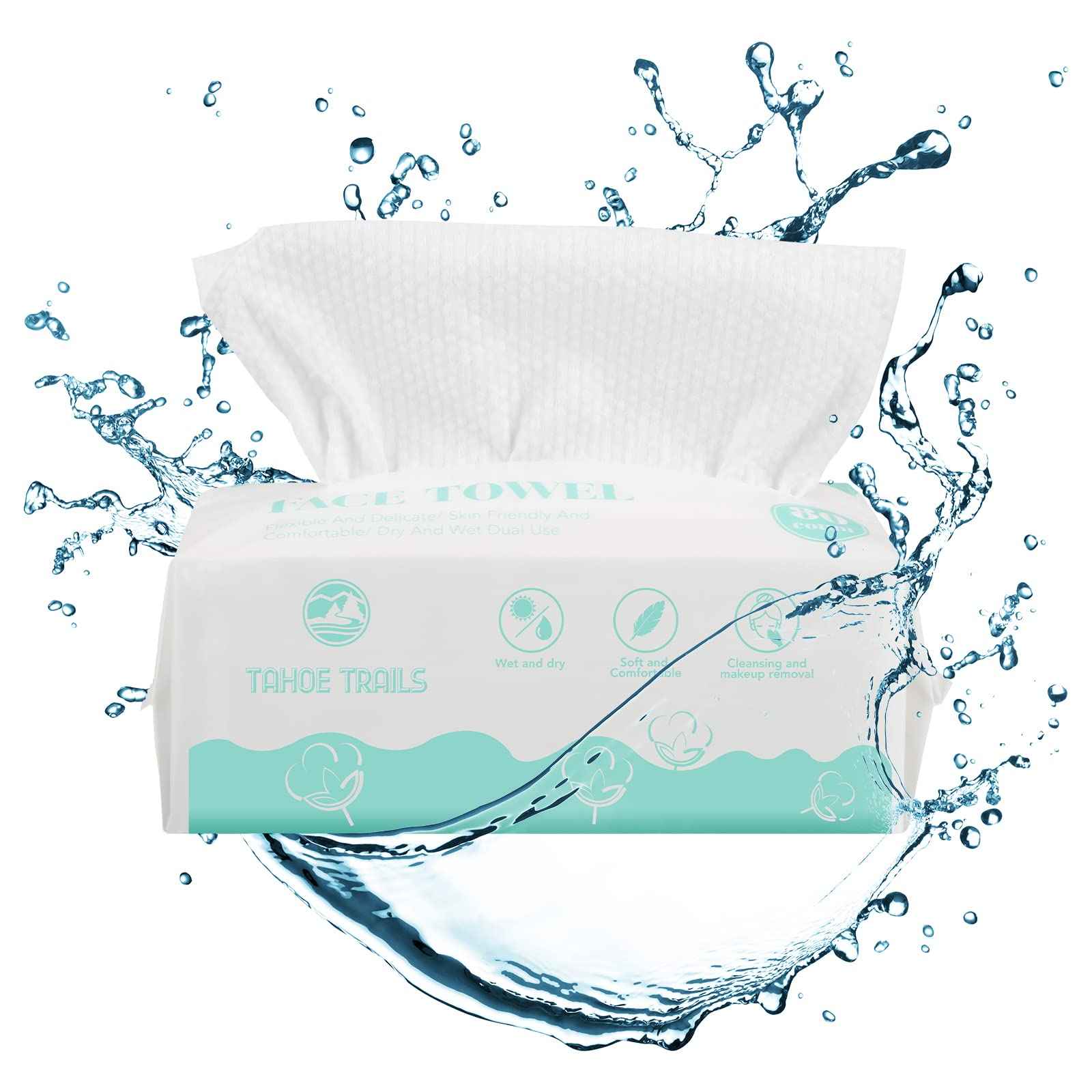 Tahoe Trails Disposable Face Towel, Soft Dry Wipe, Lint Free, Dry Wet Use for Sensitive Skin, Cotton Facial Tissue, Makeup Removing, Surface Cleaning 7.87 * 7.87inch, 80Count