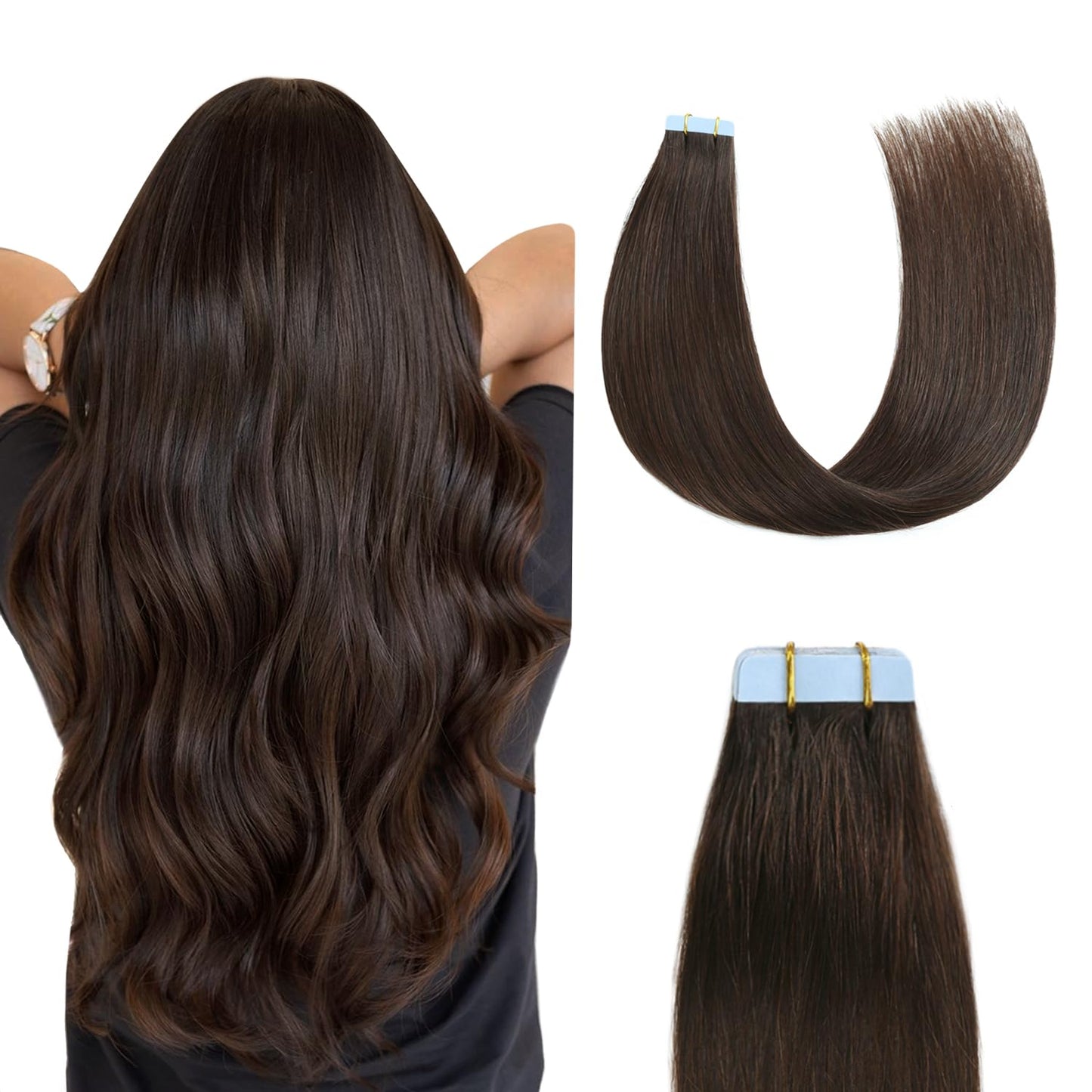 Sunya Tape in Hair Extensions Human Hair 14 inches Silky Straight Remy Human Hair Seamless Skin Weft Hair Extensions Tape in 14 inches #2 Dark Brown 40 Gram 20Pcs/Pack Thick Hair