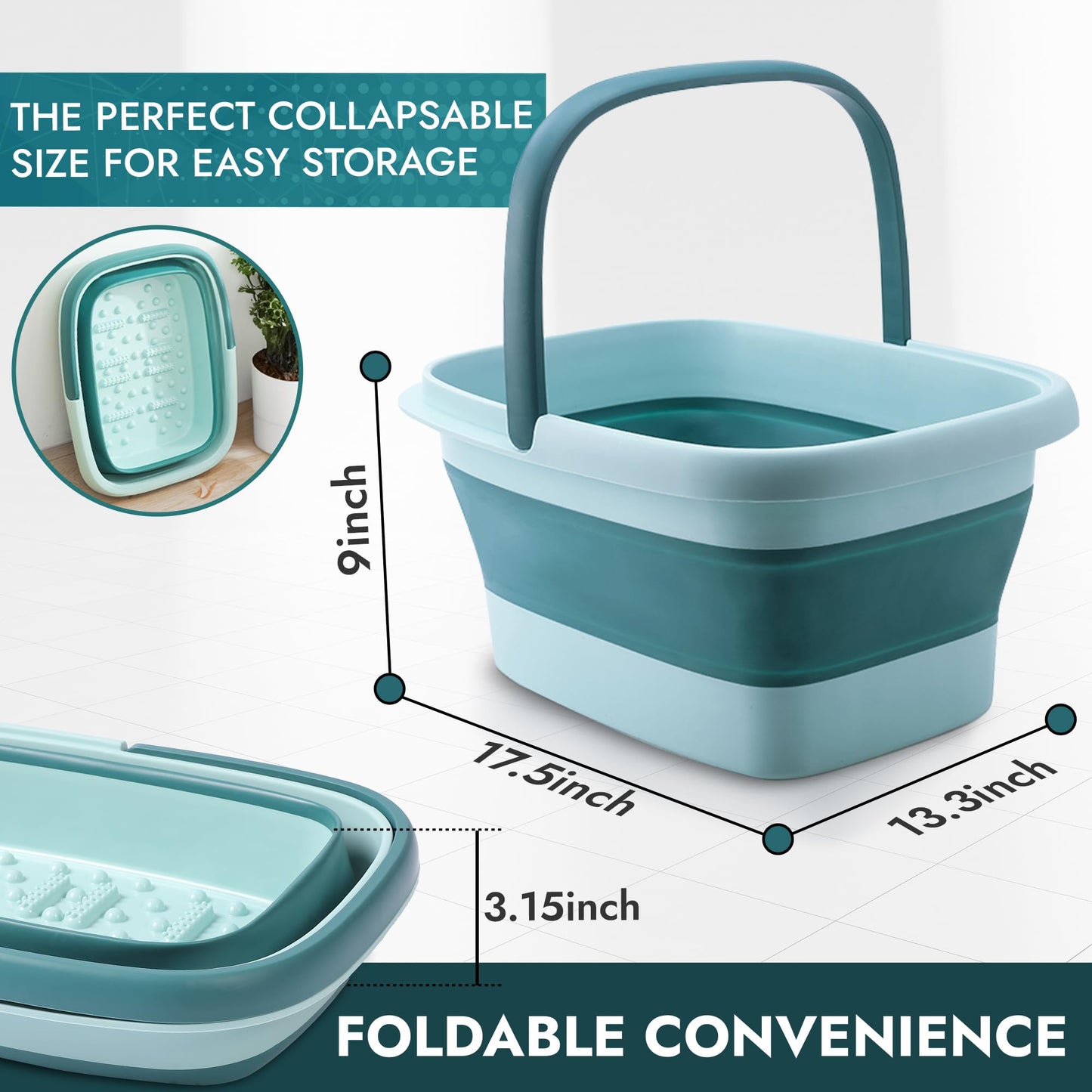 Collapsible Foot Bath – Advanced Foot Soaking Tub with Portable Design and Handle – Foldable Pedicure Foot Spa Bowl – Compact and Lightweight Foot Soak with Acupressure Points, Green and Blue