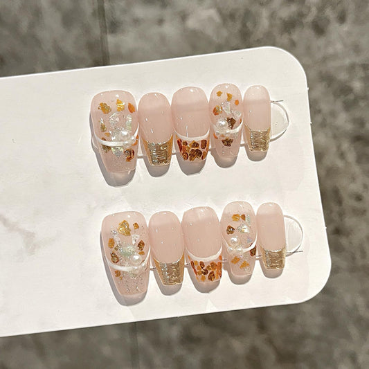 Press On Nails, Wedding False Nails,Reusable Nail Stickers, Artificial Glossy Fake Nails, Press on Fake Nails for Women/Girls (Medium, Brilliant Golden Light)