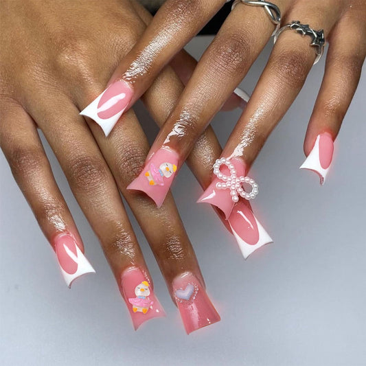 IMSOHOT Duck Press on Nails White French Pink Fake Nails with Duckbill Designs Full Cover Bow & Cute Duckling Acrylic False Nails Duck Feet Flared Medium False Nails Glossy Glue on Nails 24PCS