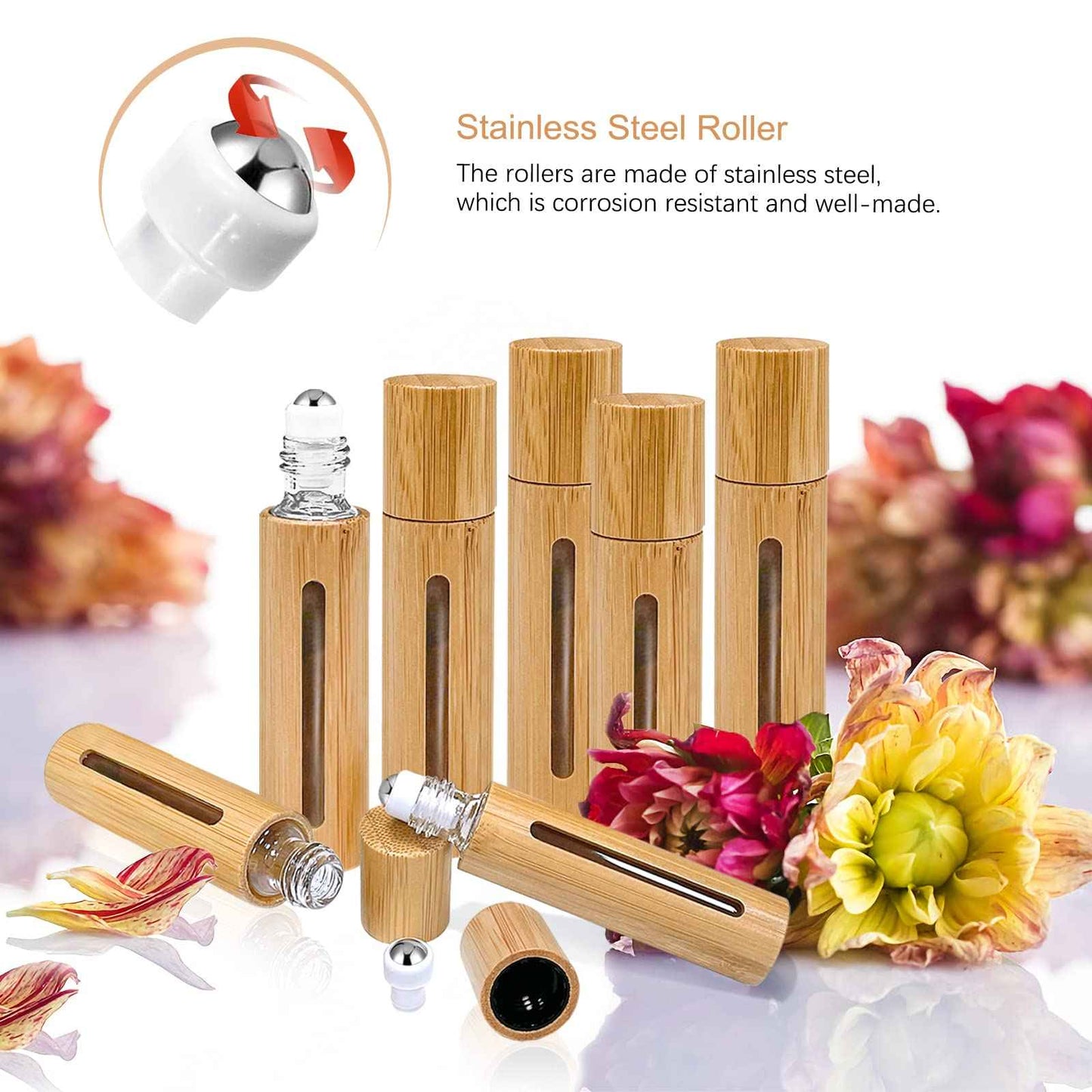 MYKASEN 12Pcs 10ml Roller Bottles Balls for Essential Oils, Roll on Bottles with Bamboo Shell Clear Glass Inner, Portable Refillable Perfume Sample Bottle with Stainless Steel Ball