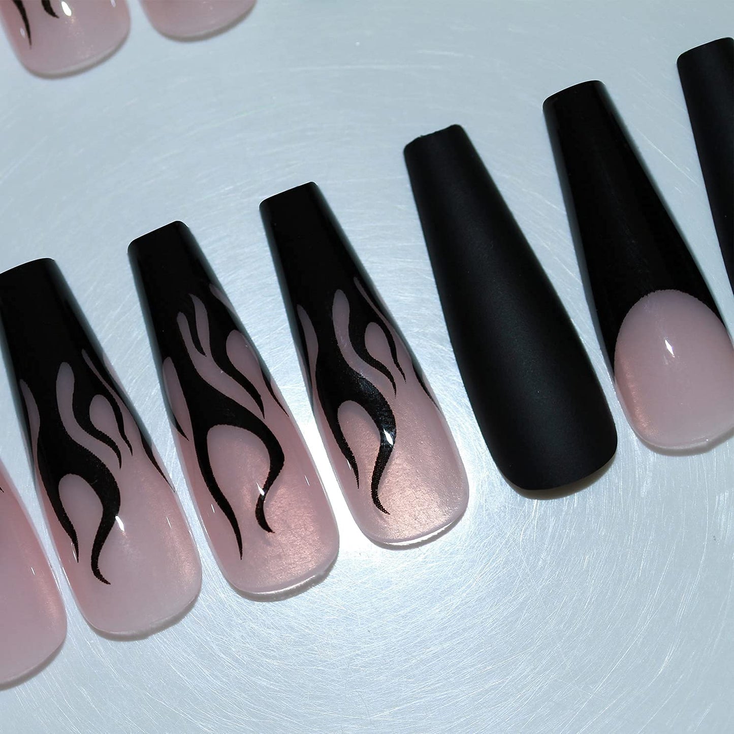 MISUD Long Coffin Press on Nails Ballerina Fake Nails Goth Black Flame Acrylic Nails Matte Glue on Nails Gothic Fire Sick on False Nails with Design 30 pcs