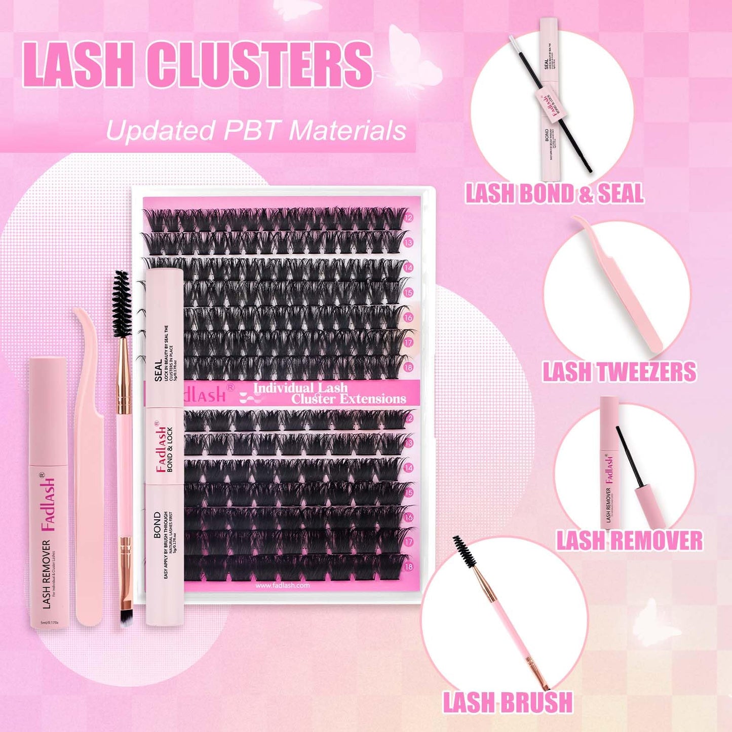 FADLASH DIY Lash Extension Kit Individual Lashes Cluster D Curl Eyelash Extension Kit D Curl Lash Clusters Lash Applicator Tool for Self Application at Home(KIT 100D+200D-D-12-18mm)