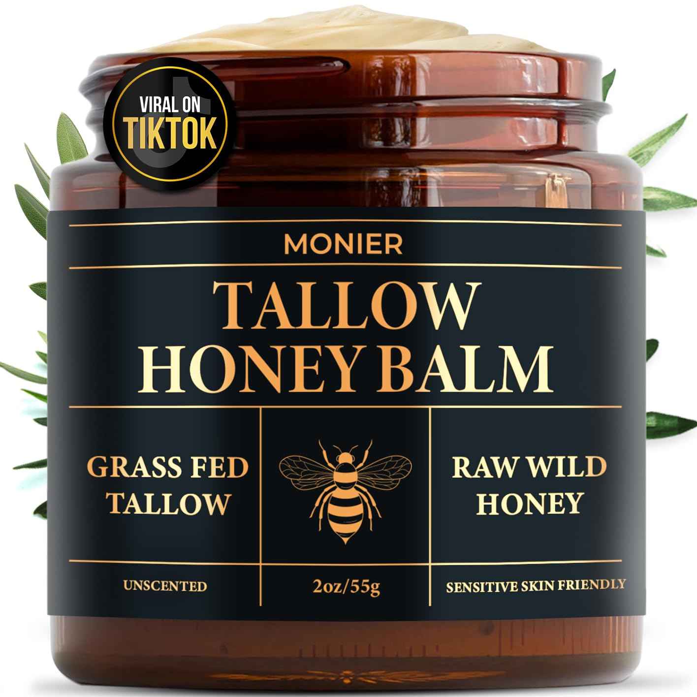 MONIER Tallow and Honey Balm for Face, Beef Tallow for Skin, Moisturizer with 100% Organic Grass-Fed Beef Tallow & Raw Wild Honey - Natural Formula for Dry & Sensitive Skin (Unscented - 2 Pack)