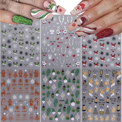 Christmas Nail Stickers, Winter Nail Decals 3D Self-Adhesive Red Green Snowflake Bell Xmas Tree Reindeer Winter Nail Design Holiday Nail Art Decoration for Women Girls(6Sheets)