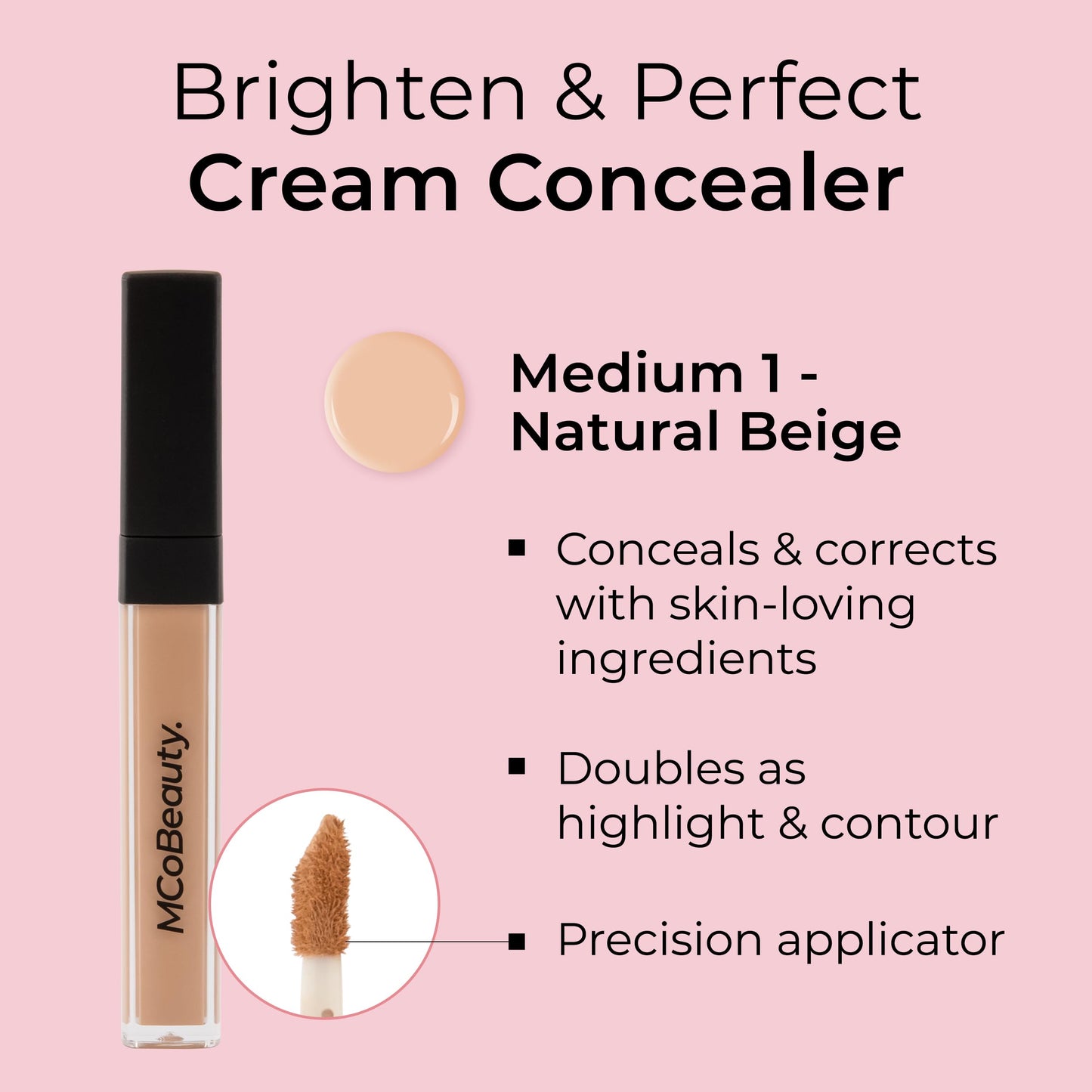 MCoBeauty Brighten & Perfect Cream Concealer, 5 Medium Natural Beige, Brightening Coverage for Flawless Complexion, Vegan, Cruelty Free Cosmetics