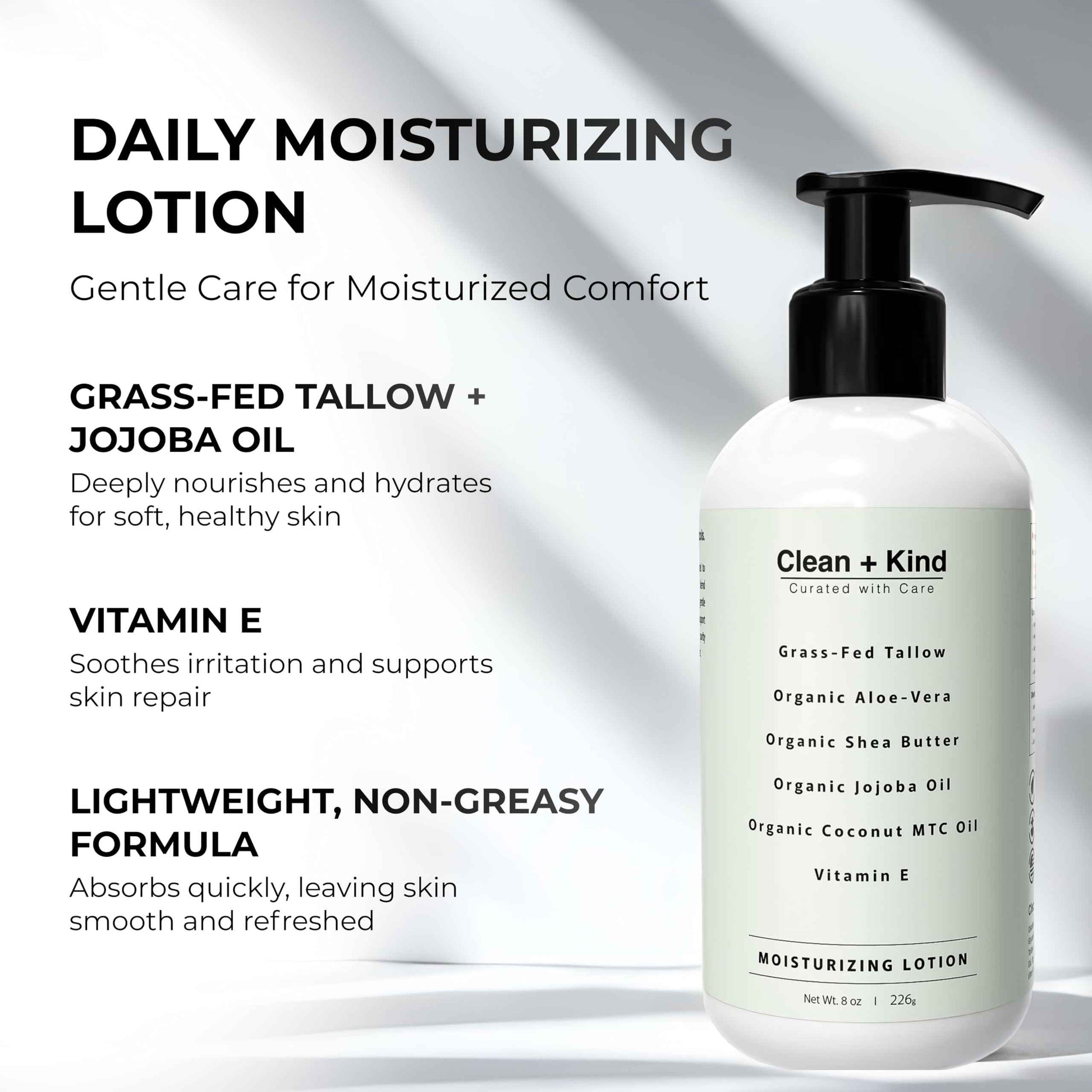 Clean + Kind Daily Moisturizing Lotion – Tallow Body Lotion with Aloe Vera, Shea Butter, Jojoba Oil, MCT Oil & Vitamin E – Deep Hydration for Dry, Rough, Sensitive Skin (8 oz, Vanilla)