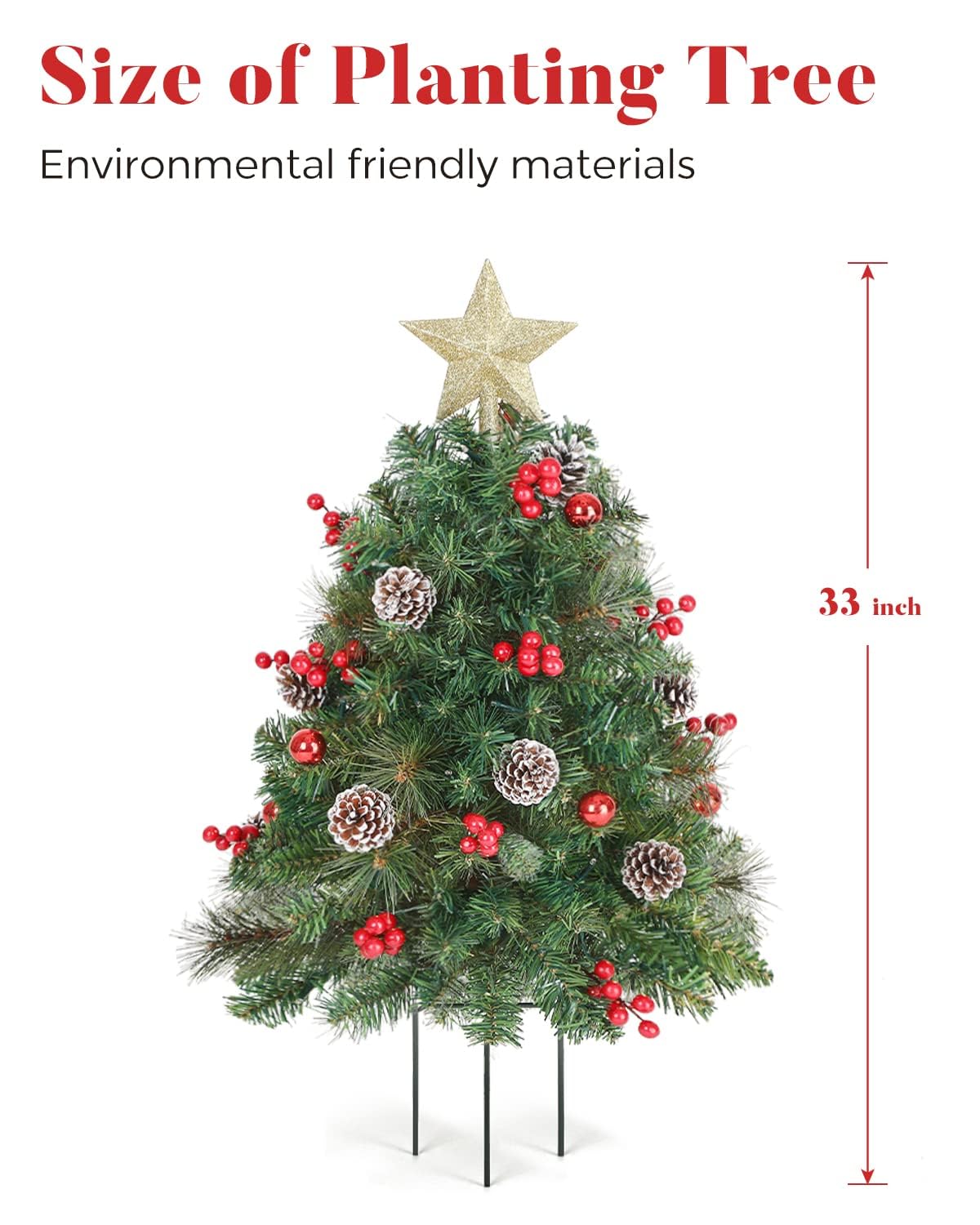 OasisCraft 33 inch Christmas Trees with LED Lights 2 Pack, Outdoor Prelit Christmas Trees, Small Artificial Christmas Tree with Ornaments for Porch, Driveway, Yard, Garden