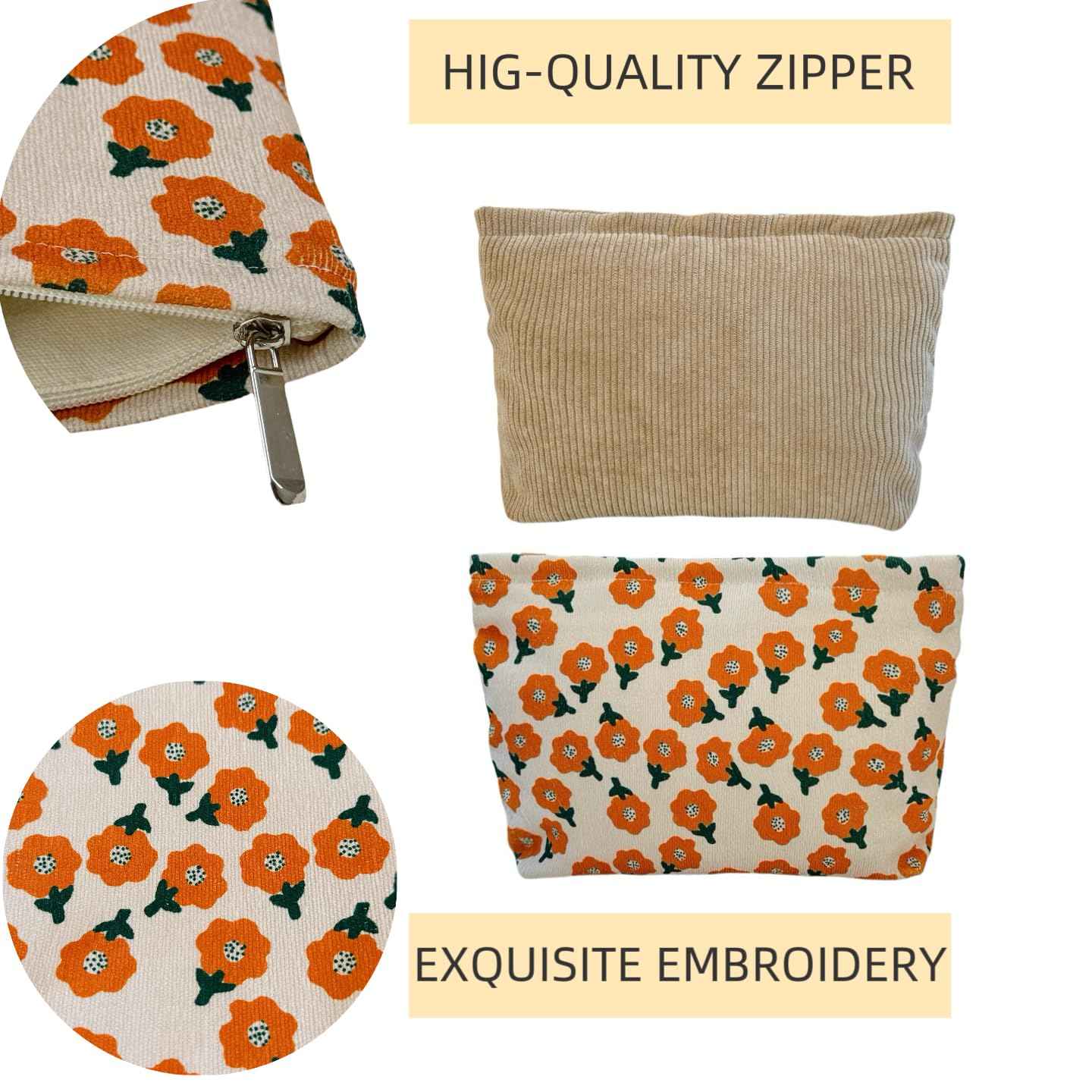 RIKMOXR 2 large makeup bags Women's Corduroy Canvas Makeup Bag, Travel Makeup Bag, Wallet Organizer, Khaki and Orange Flower Pattern