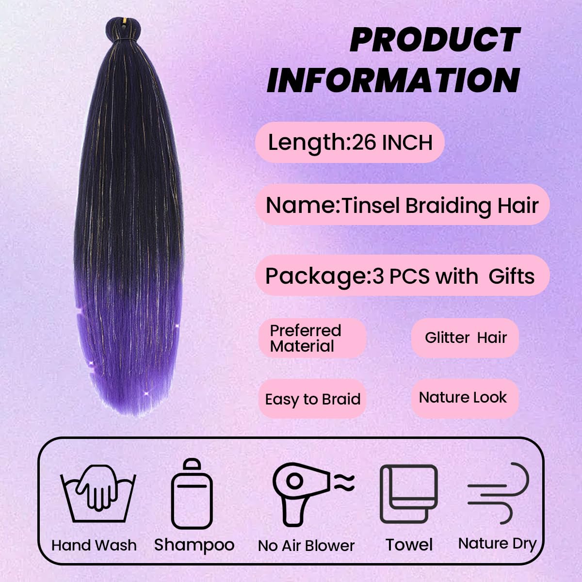 Easy Braid Pre stretched Braiding Hair 28 Inch 3 Packs Jumbo Braiding Hair Synthetic Braiding Hair Extension Twist Braid wigs Hot Water Setting Hair (Purple-Mixed Tinsel)