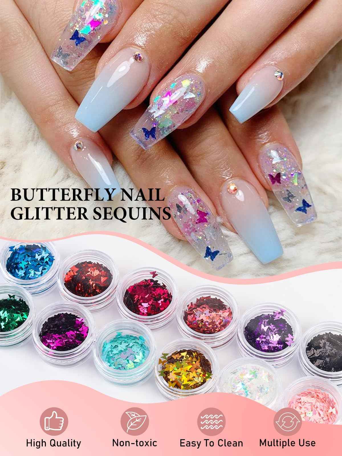 60 Pot Butterfly Nail Art Glitter Sequins, Kalolary Holographic Butterfly Nail Decals Metallic Laser Nail Art Flake Glitter for Face Eyes Nail Art Decoration DIY Craft(5 Boxes)