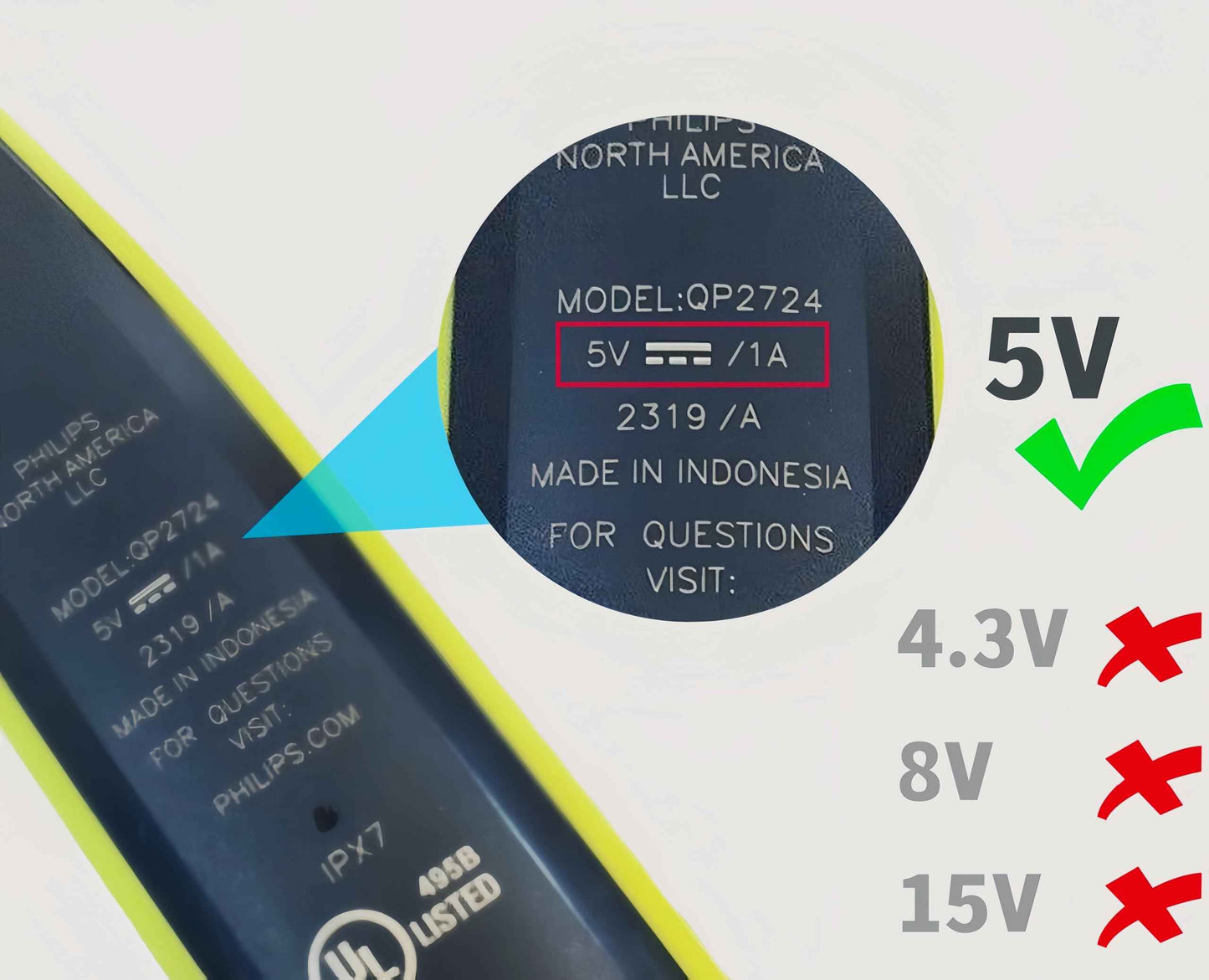 Qjin USB Charger for Philips Norelco Shaver 2400, 3600, 7200 & OneBlade QP2724, QP2834, QP6531 - USB Charging Cord 5V Charger