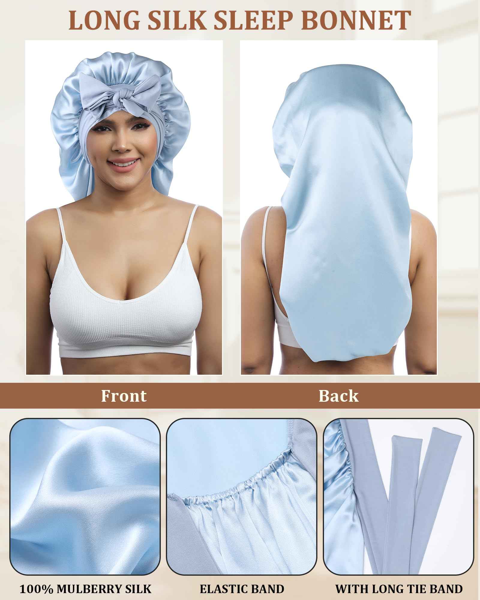 AWAYTR Long Silk Bonnet for Sleeping - 100% Mulberry Silk Bonnet for Women Long Hair Sleep Cap with Elastic Tie Band (Sky Blue)