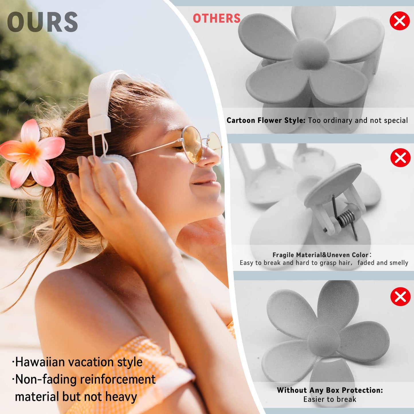 GQLV Flower Hair Claw Clips-4PCS Large Claw Clips for Thick/Thin Hair Claws,Strong Hold Nonslip Cute Hair Clips for Women Girls,Hawaiian Hair Accessories Holiday Gifts (H-4pcs white flower)