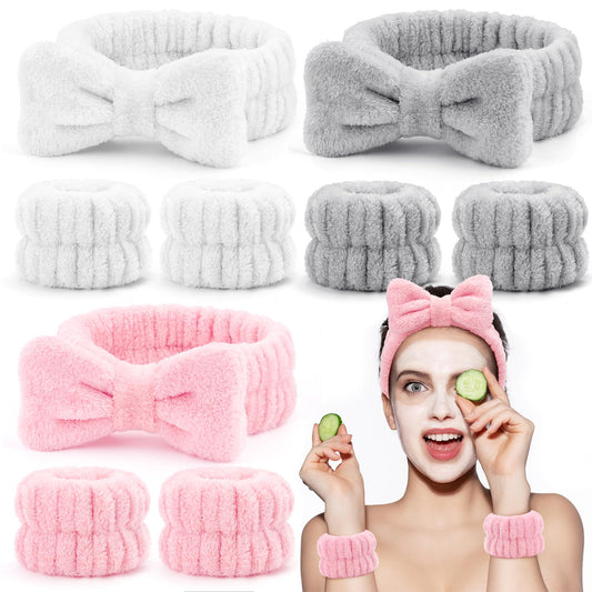 EIMMBD Face Wash Headband & Wristband Set, 9 PCS, Microfiber, Pink/White/Grey, for Women's Makeup & Face Washing