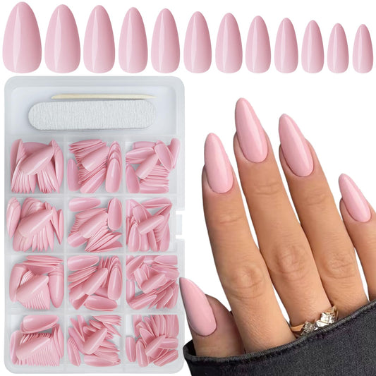 Bellelfin 360pcs Almond Press on Nails, Medium Length Fake Nails Glossy Light Pink False Nails Acrylic Nails Press Ons with 10 Sheets Adhesive Tabs for Women Girls Fingernails Design